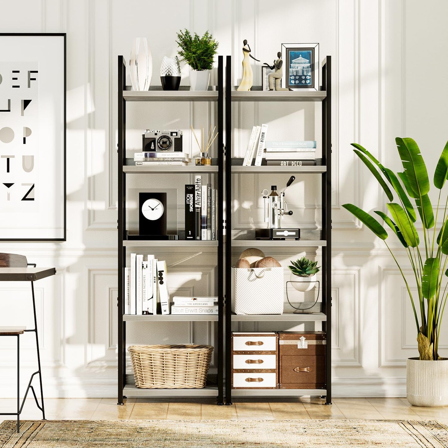 NUMENN Narrow Bookshelf, 5 Tier Bookshelves, Home Office Bookcase Shelf Storage Organizer, Free Standing Storage Shelving Unit for Bedroom, Living Room and Home Office, Grey