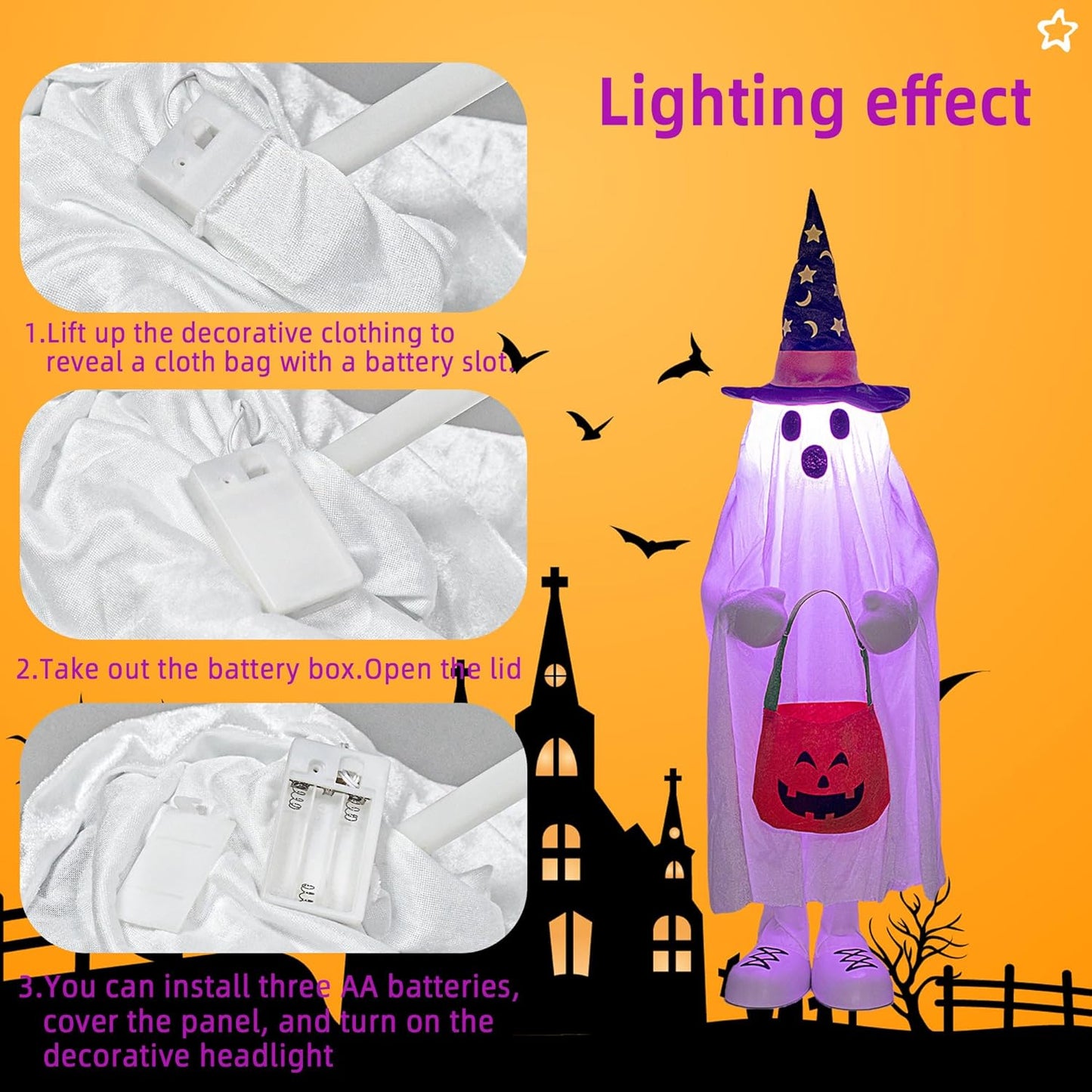 37" Cute Front Porch Light Up Halloween Ghost Décor, Kids Standing Trick or Treat Indoor and Outdoor Decorations-Star Moon