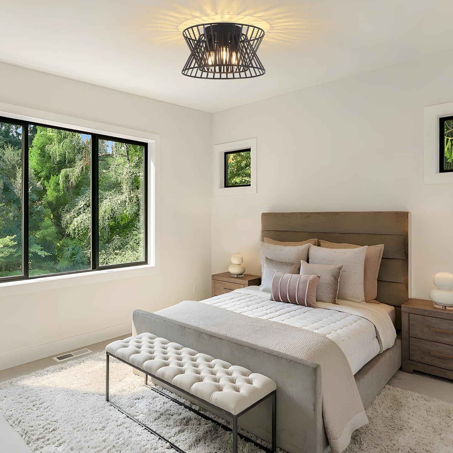 3-Lights Black Ceiling Light Vintage Geometric Chandelier Light Fixture Adjustable Metal Semi Flush Mount Lighting for Kitchen Room Dining Room Foyer