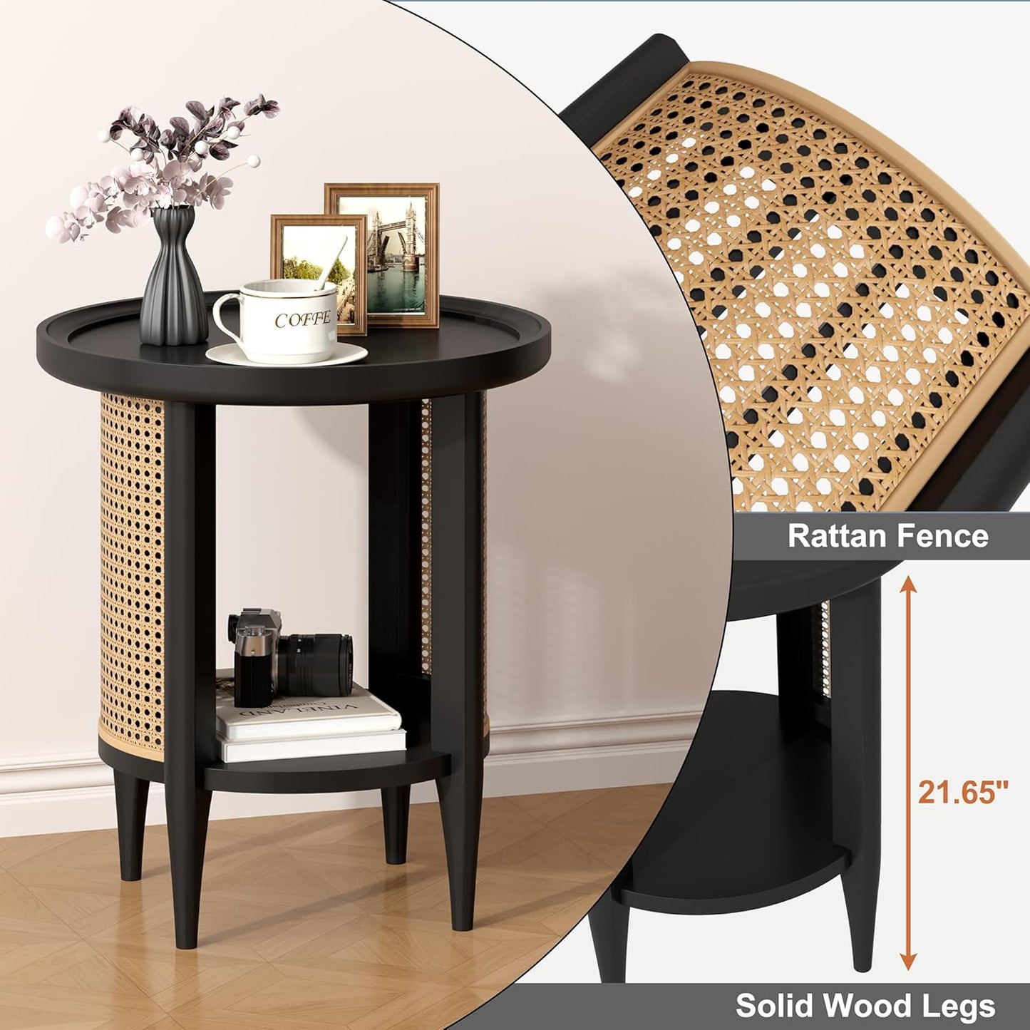 Yusong Round End Table Rattan Side Table with Solid Wood Legs, Boho Style Nightstand Bedside Table with 2-Tier Shelves, Small Coffee Table for Living Room Bedroom Small Spaces Black