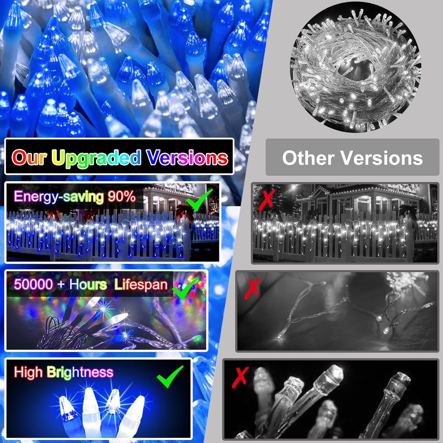 792 LED Christma Lights with 176 Drops, 82ft Outdoor Hanging lights with 8 Modes & Timer Memory, Outsite Waterproof Curtain String Lights for Front House Fence Tree Holiday Decorations Blue & White