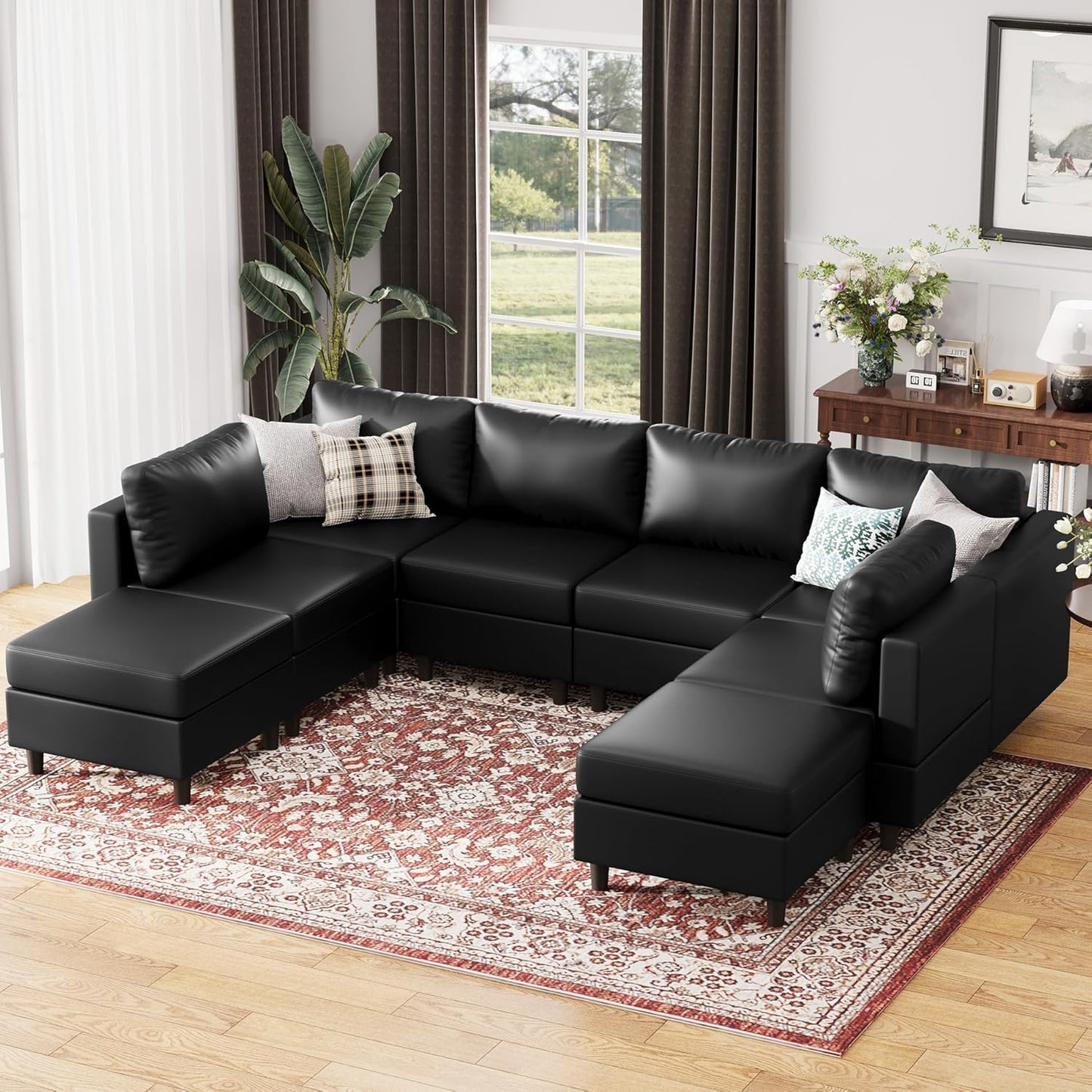 ABCASA 118.5" Faux Leather Modular Sectional Sofa, Modern Large 8 Seater U Shaped Couch with Storage Seat with Reversible Chaise Deep Seat for Living Room DIY Combination - Black