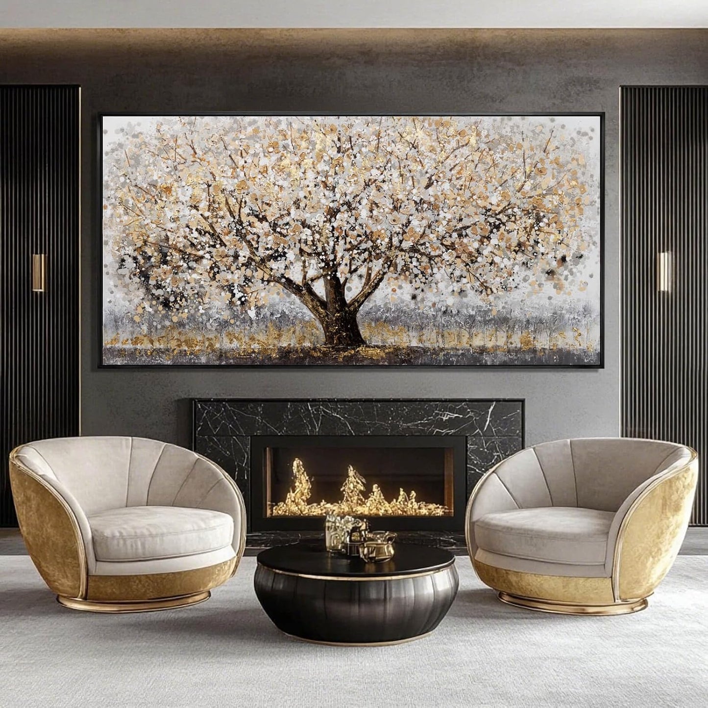 Gold Foil Canvas Wall Art Flower Wall Decor Plant Photo Prints Landscape Wall Decorations 29"x58" Large Artwork for Living Room Office