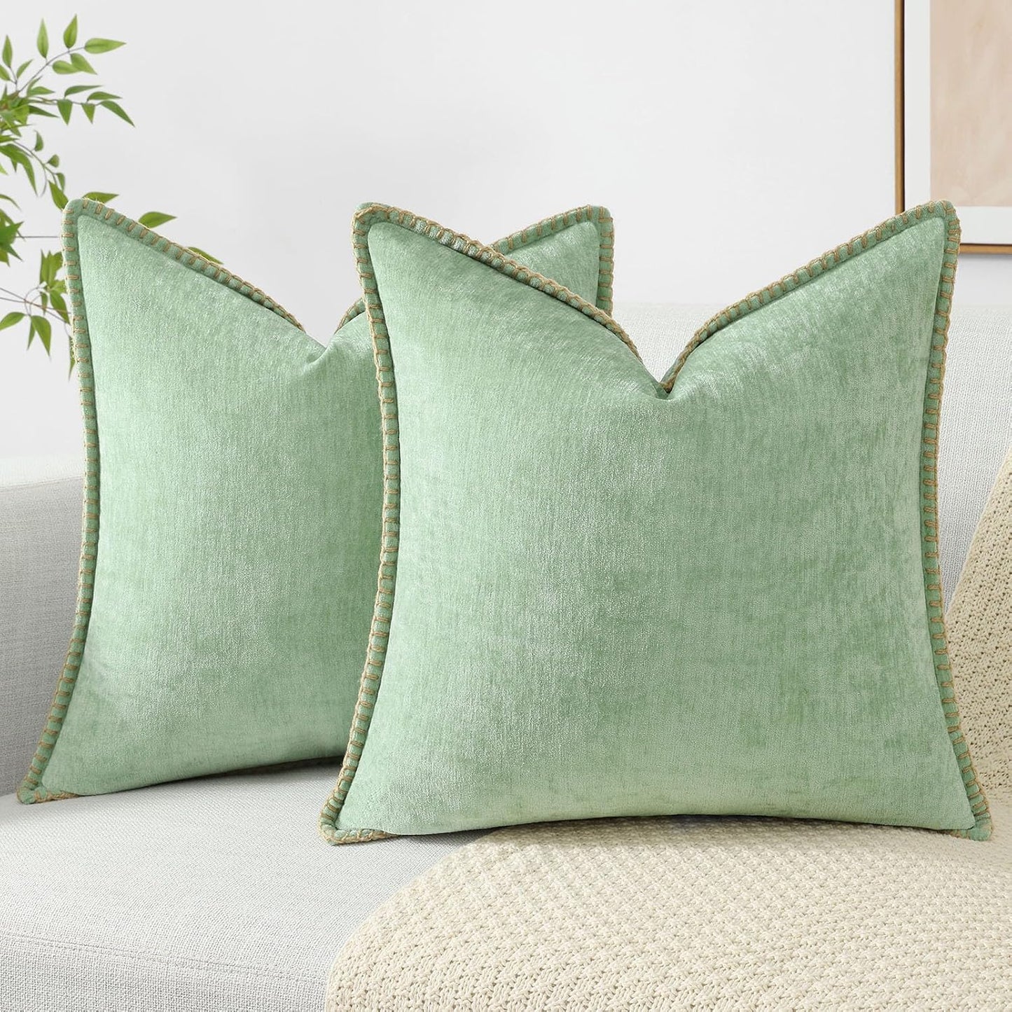 decorUhome Chenille Soft Throw Pillow Covers 22x22 Set of 2, Farmhouse Velvet Neutral Decorative Euro Pillow Covers with Stitched Edge for Couch Sofa Bed Home Decor, Sage Green