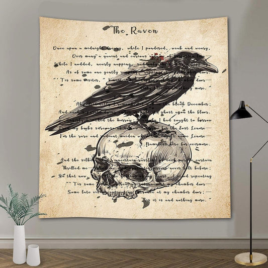 Gothic Skull and Raven Dictionary Tapestry The Raven Wall Tapestry Edgar Allan Poe Rustic Home Room Mural Posters 51x60 Inches for Living Room Bedroom Home Dorm GTQQAY1543
