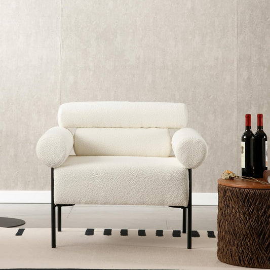 Modern Accent Chair, Boucle Sofa Accent Chair for Living Room, Upholstered Sherpa Mid-Century Modern Armchair, Oversized Reading Chair with Channel Tufted for Bedroom, Office, White