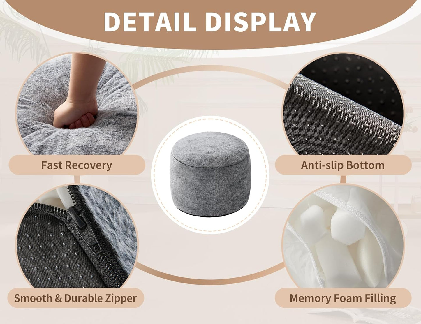 Round Pouf Ottoman 26 * 18" Small Ottoman Foot Rest Pouf Brown Foot Stools for Living Room Comfortable and Dirt Resistant Poofs/Ottomans Furniture Round Ottomans Floor Poufs for Home Decor