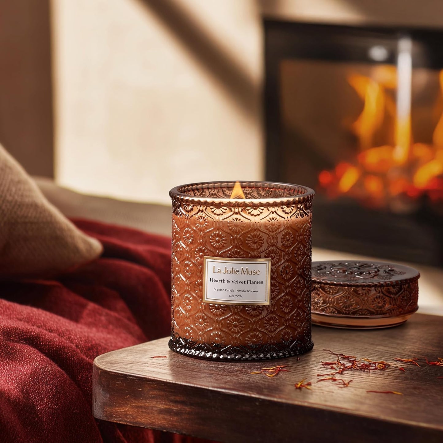 LA JOLIE MUSE Hearth & Velvet Flames Candle - Saffron, Clove, Vanilla | 19 oz Large Wooden Wick Candles | Natural Soy Wax | 90 Hours Clean Burn | Holiday Candle Gifts | Gift-Ready for Hosts