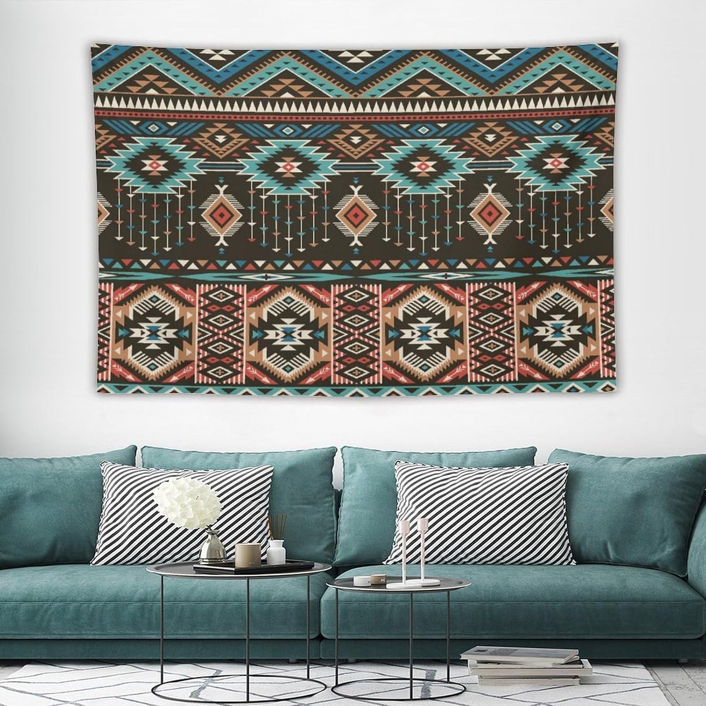 HZOHNAGO Aztec Tapestry Turquoise Blue and Brown and Native American Tribal Pattern Printed Wall Tapestry Wall Hanging for Bedroom Living Room Dorm 90" W x 60" H