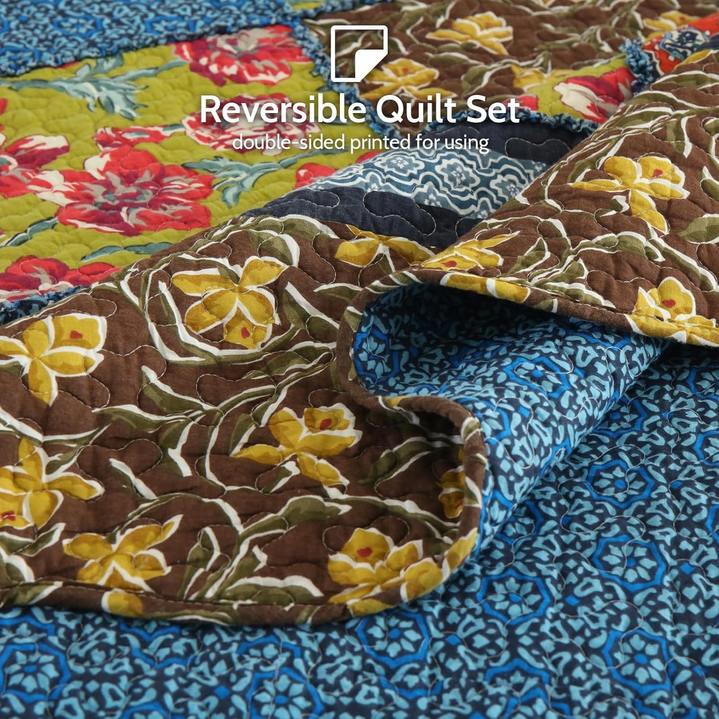 Yvooxny King Quilt Set Reversible Paisley King Size Quilted Bedspread Coverlet Set Country Farmhouse Cottage Quilted Bedding Set with Pillowcases for All Seasons, King Size, 108 * 96 Inches