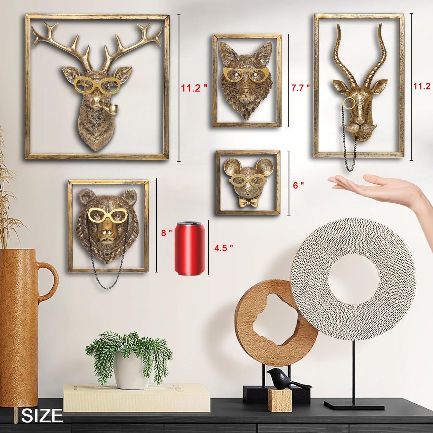 Animal Heads Wall Decor (Includes Metal Frame) Resin Animals Sculptures Head Wall Hanging Decoration Gold vintage Wall Sculpture for Living Room Bedroom Office(Antelope)