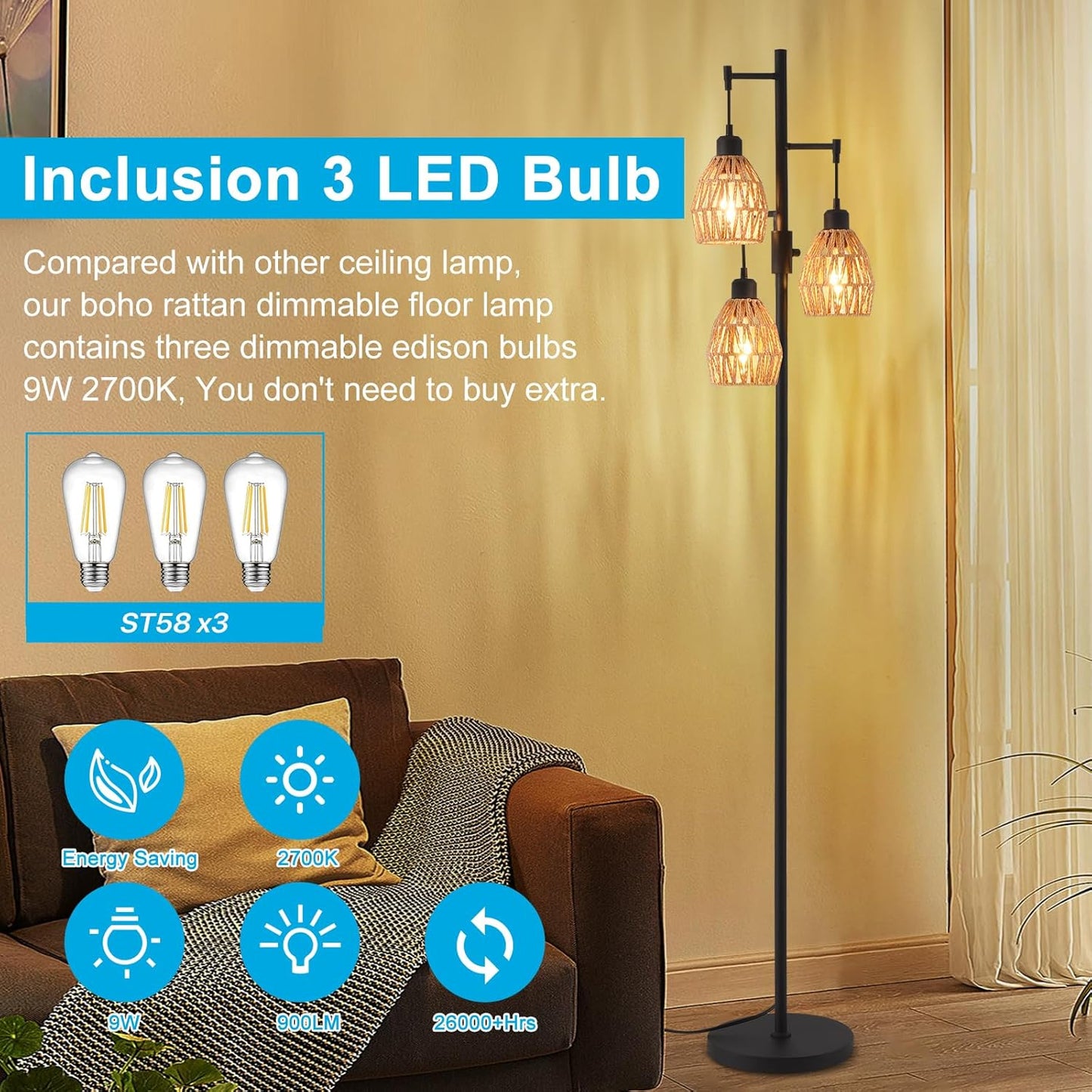 Boho Rattan Floor Lamp-Standing Lamps for Living Room 70'' Dimmable Floor Lamp with Cage Shade, Industrial Farmhouse Floor Lamps Rustic Floor Lamps Vintage Lamp for Living Room Bedroom Office