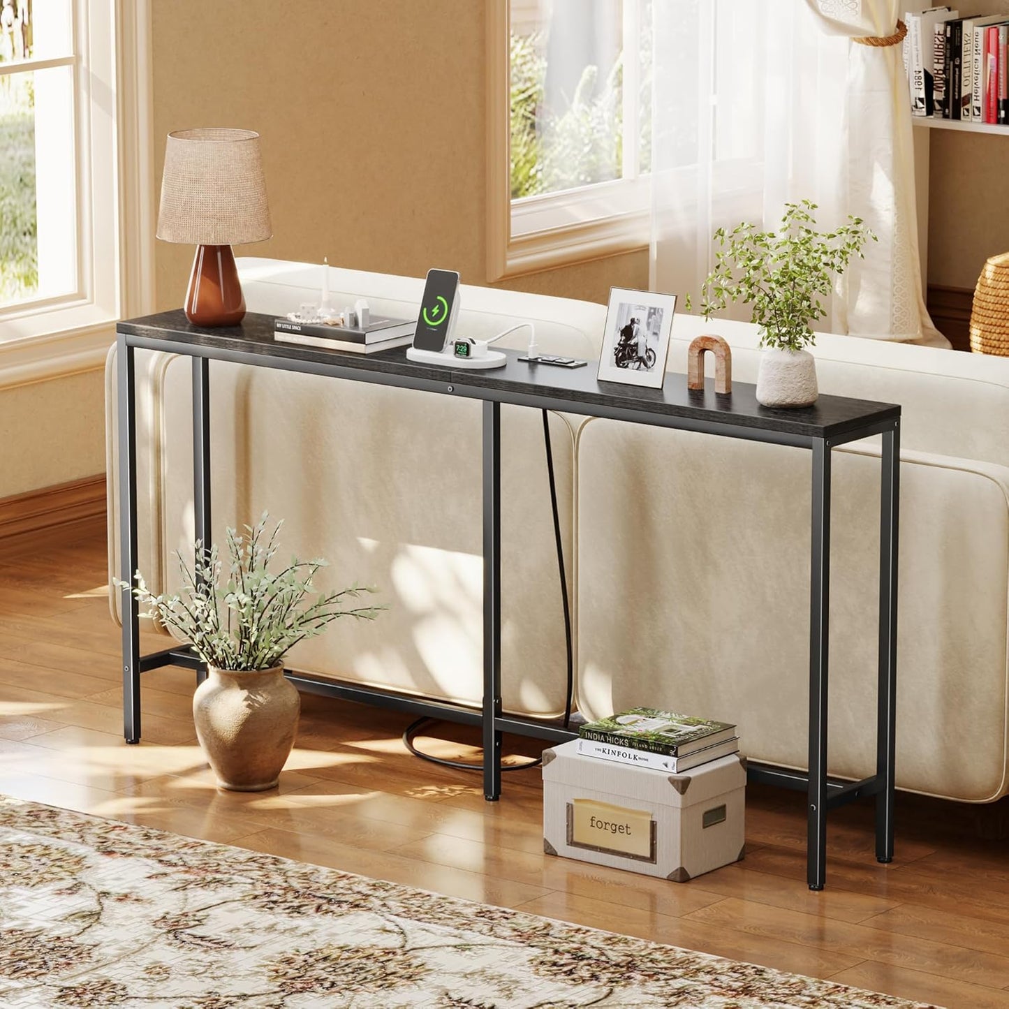 SUPERJARE Console Table with Outlet, 63 Inch Sofa Table with Charging Station, Narrow Entryway Table, Skinny Hallway Table, Behind Couch Table, for Living Room, Plants, Black