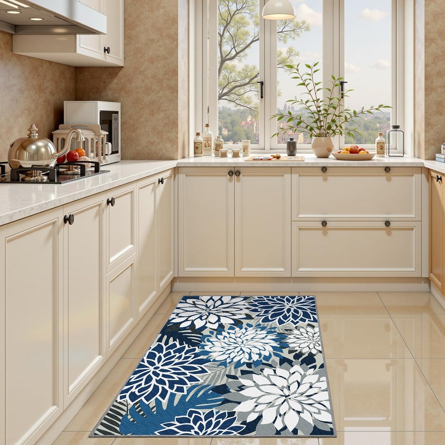 Area Rug 2x3 Blue White Washable Entry Small Rug Multicolored Tropical Botanical Modern Floral Indoor Kitchen Door Mat Entrance Carpet Non Slip for Bedroom Living Room, Porch