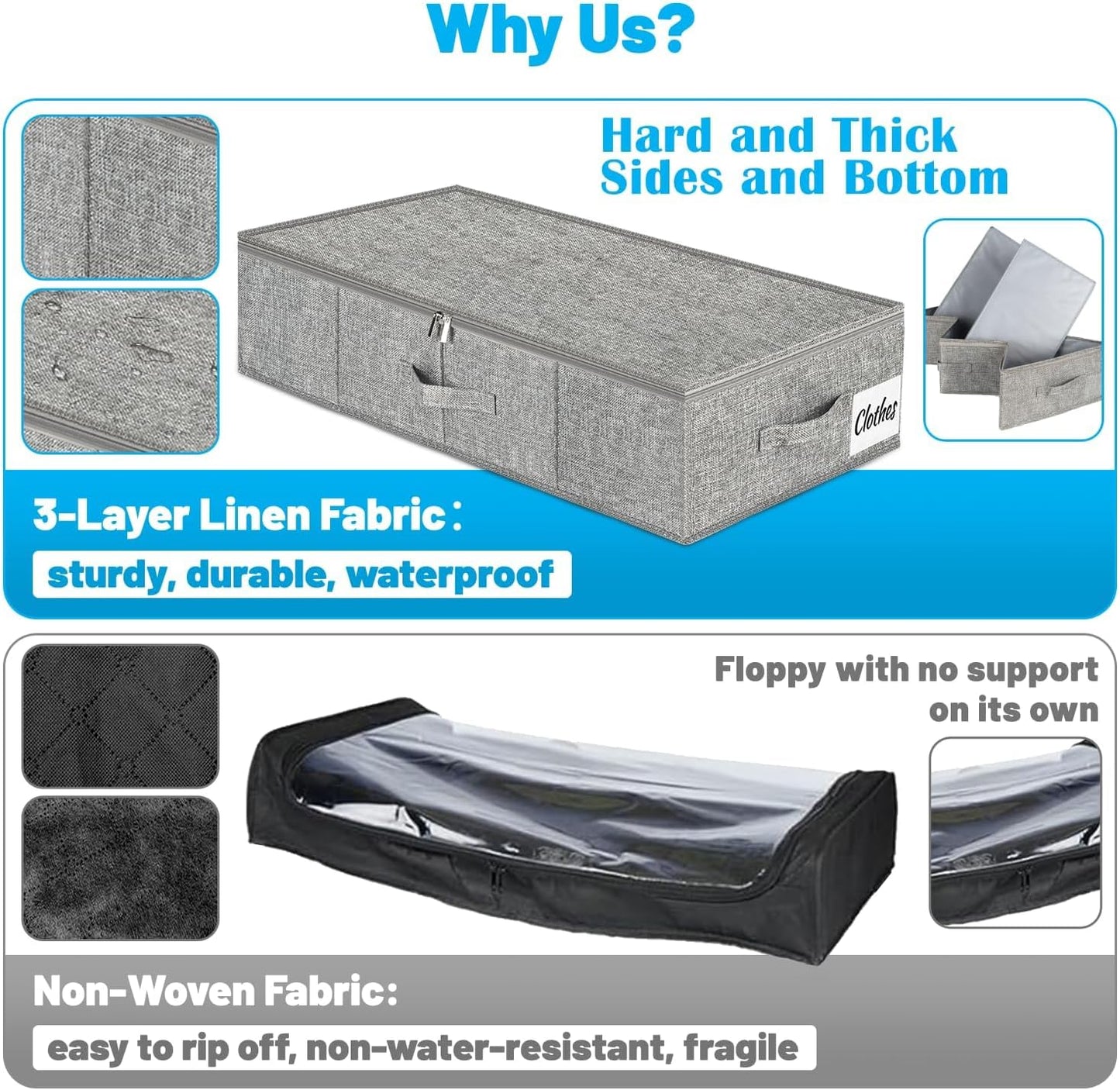 Under Bed Storage Container Bins 2 Pack, Low Profile Foldable Underbed Clothes Storage Organizer W/ Ultra Thick Fabric and Sturdy Bottom/Sides, Dual Zipper Storage Box for Dorm and Home 30x16x6.7"