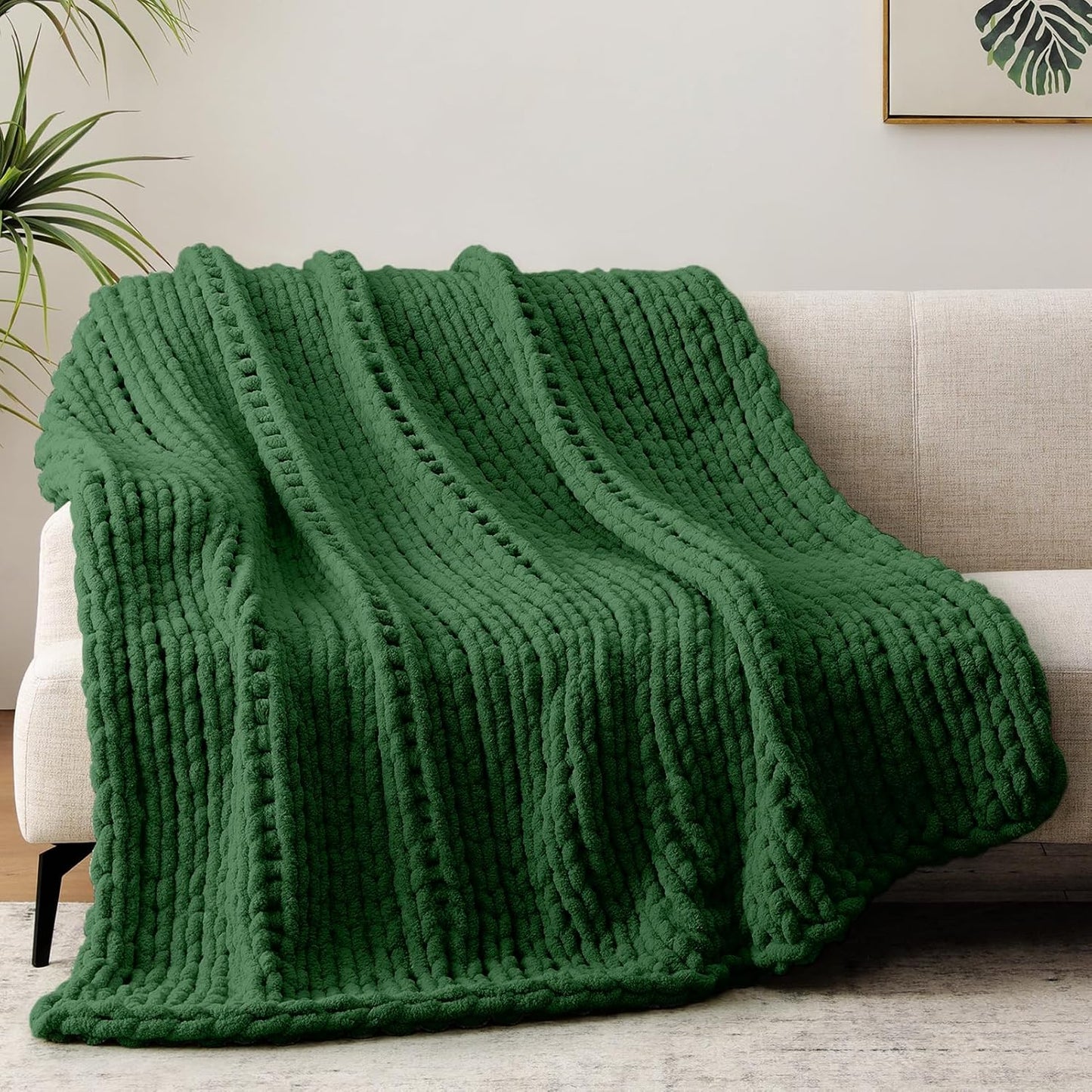 Chunky Knit Throw Blanket, 60''*80'' Knitted Throw Chenille Yarn for Bed Couch, Handmade Grass Green Crochet Big Thick Blanket, Machine Washable Cute Comfy Blanket for Home Decor