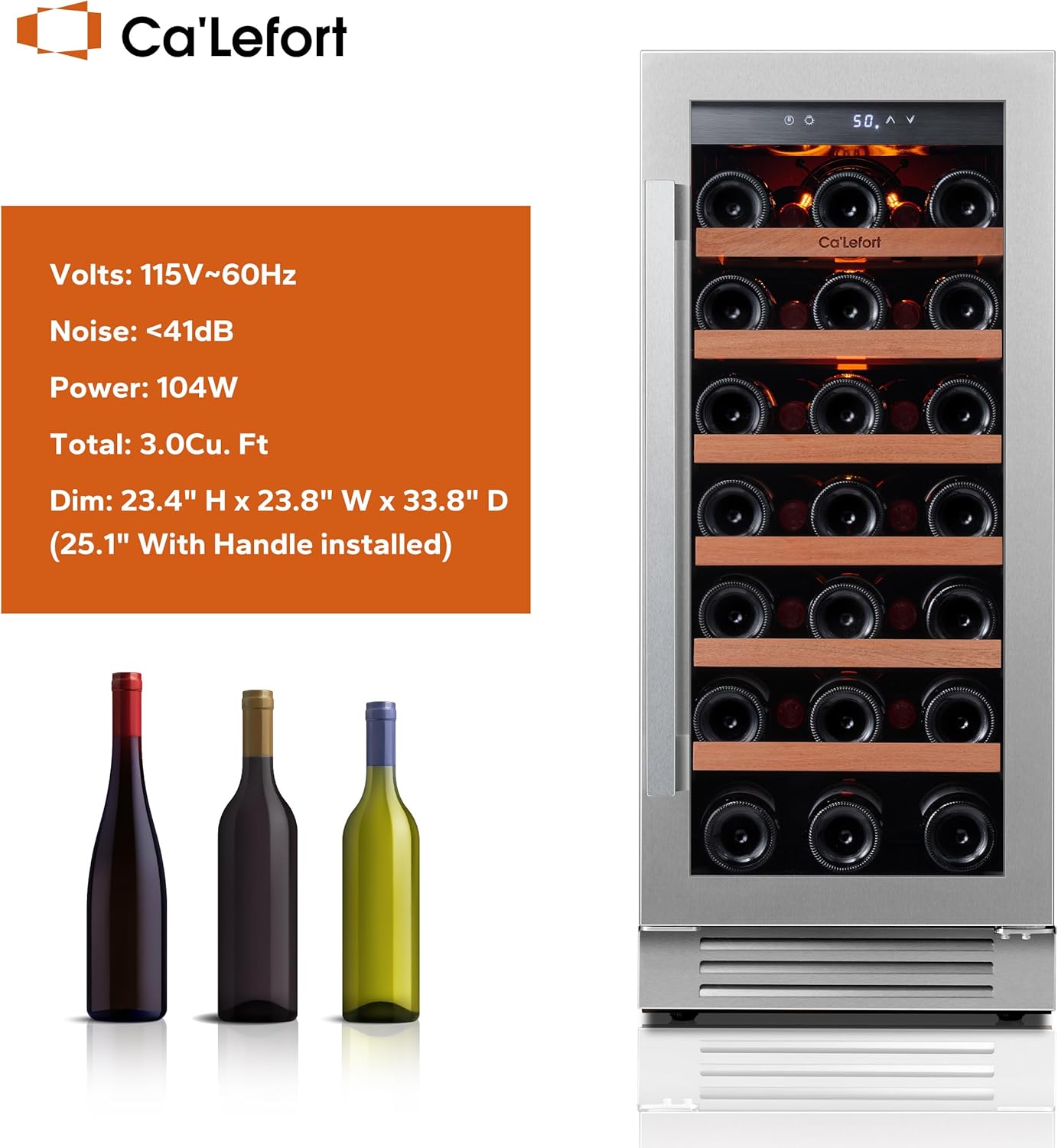 Ca'Lefort 15 Inch Wine Fridge, 33 Bottle Wine Cooler Refrigerator, 40-65°F Wine Refrigerator Glass Door, 3 LED Wine Fridge, Built-in or Freestanding Wine Fridge for Home/Bar/Kitchen (3.0 cu.ft)