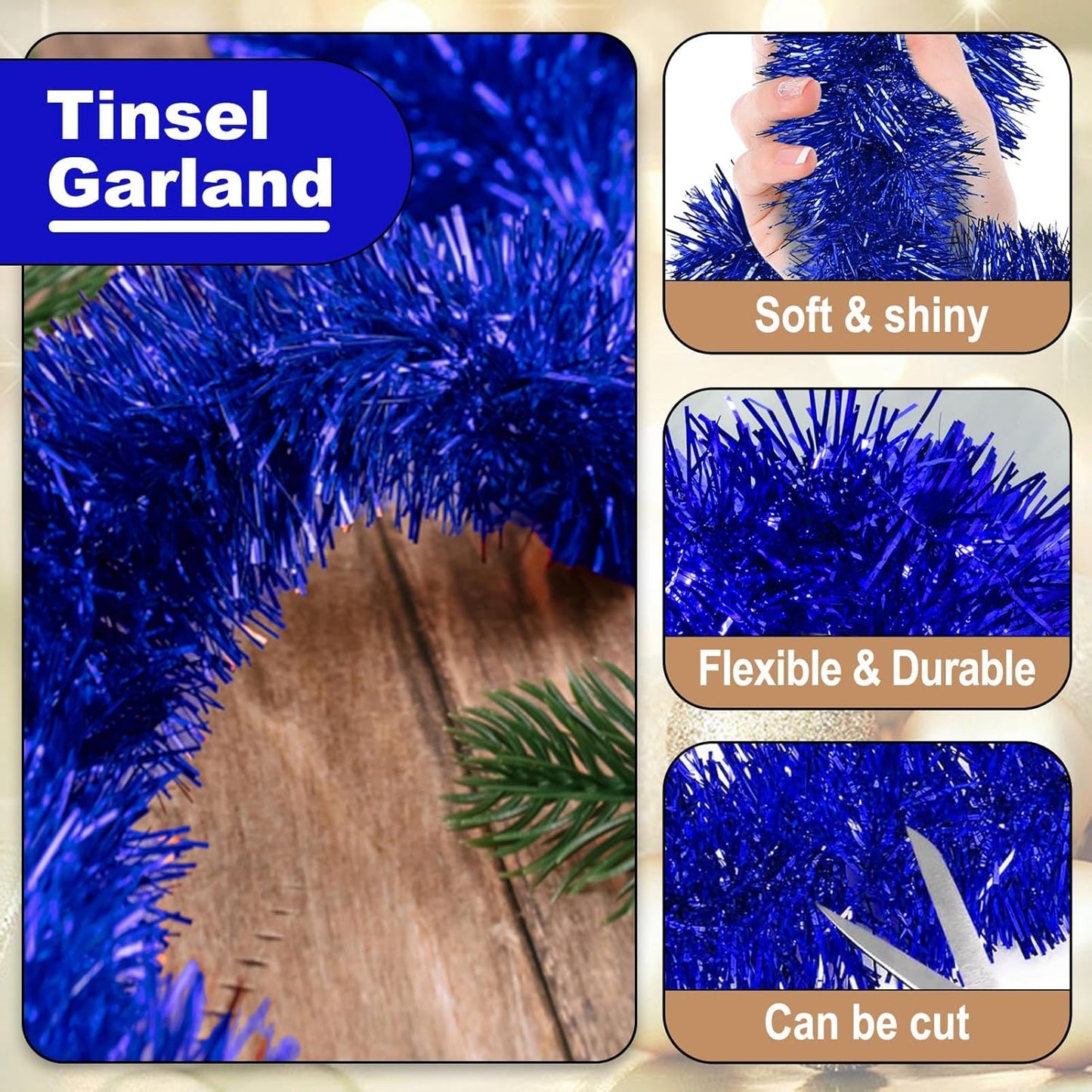 25 Feet Metallic Twist Tinsel Garland Backdrop for Parade Floats, Christmas Eve, New Year, Valentine's Day Party Decorations (Blue, 4in x 25ft)