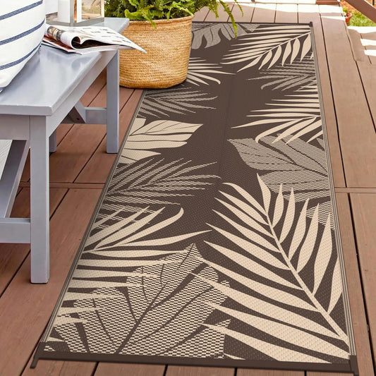 GENIMO Outdoor Rug 2.5' x 8' Waterproof for Patios Clearance, Reversible Outdoor Plastic Straw Camping Rug Carpet, Large Area Rugs Mats for RV, Camper, Deck, Balcony, Porch, Beach, Coffee&Beige