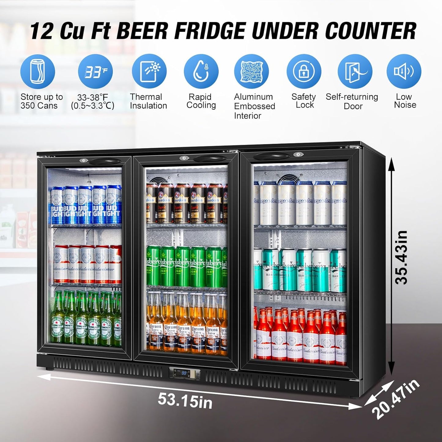 Beverage Refrigerator, 53.15W Inch 12 Cu.Ft Drink Fridge, Back Bar Beer Fridge with 3 Glass Door, 35.43" Height Beverage Cooler, Built-in & Undercounter Commercial Back Bar Cooler for Kitchen Shop Bar