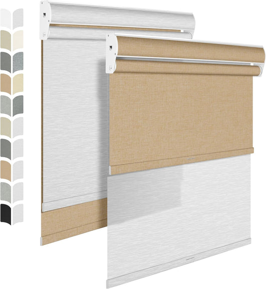 BERISSA Cordless Dual Roller Shades with Cassette Valance,Double Window Shades Blackout and Light Filtering Shades,Day and Night Roller Shades for Home Office Door.Linen Beige and White.53 W x 80" H