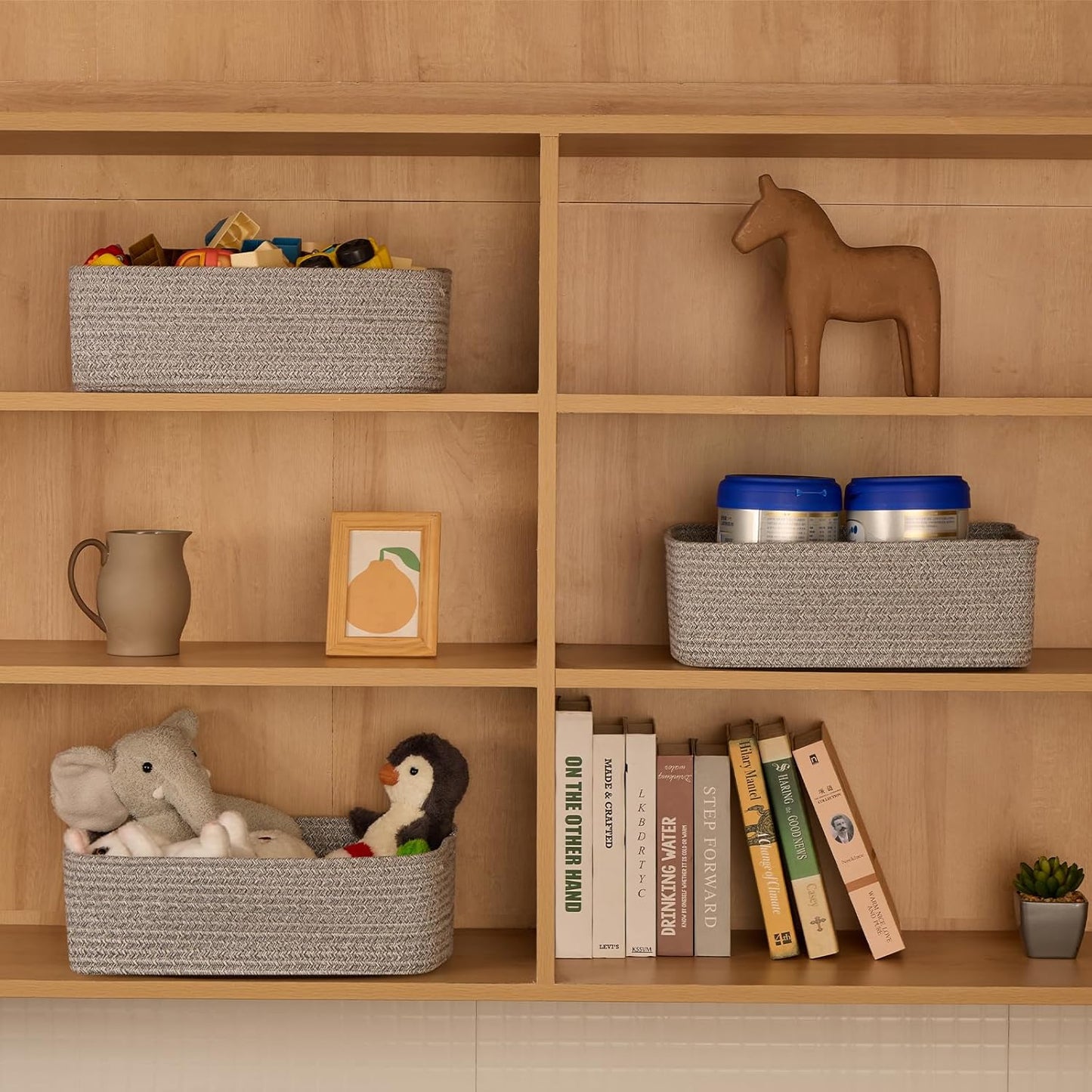 Large Shallow Organizing Baskets 15x11x5.1 Inches - Rope Woven Storage Bins for Bathroom, Shelves, Cube Closet, Mixed Grey 2 Packs