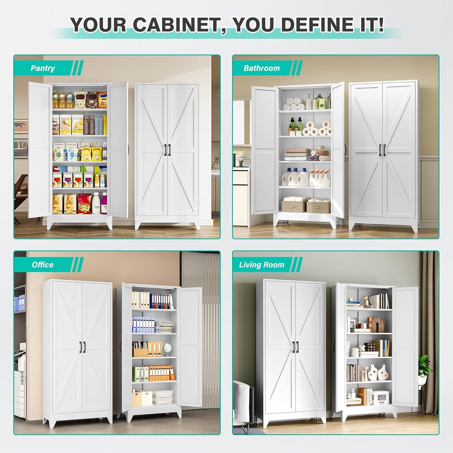 75" Tall Pantry Cabinet,Farmhouse Kitchen Pantry Storage Cabinets with 2 Doors and 5 Shelves,White Metal Storage Cabinet,Large Cupboard for Home,Kitchen,Dining/Living Room