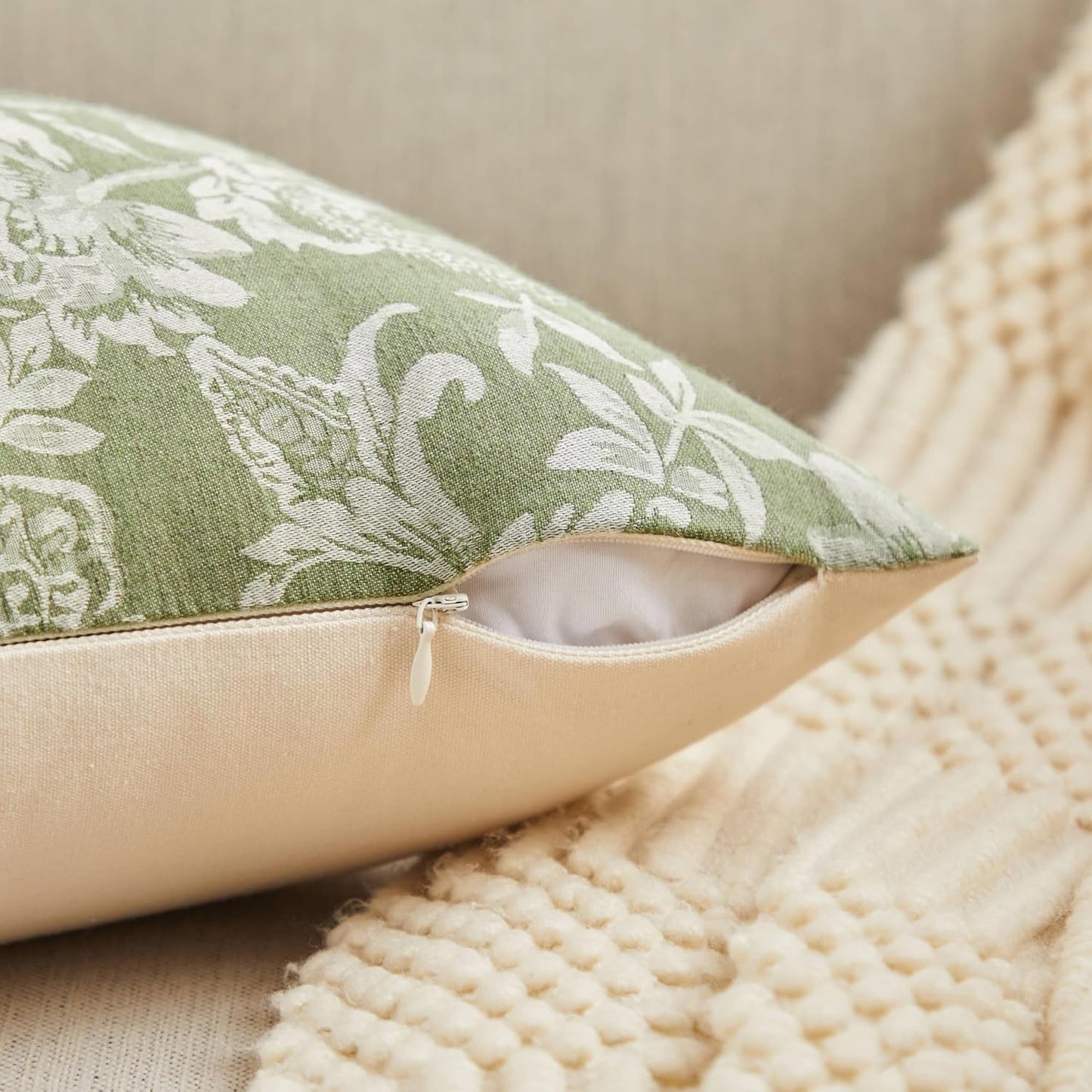 Floral Jacquard Throw Pillow Covers Set of 2, Background/Green 22x22 Inch, Farmhouse Decorative Cotton Sage Green Cushion Covers for Sofa Bed Living Room Home Decor