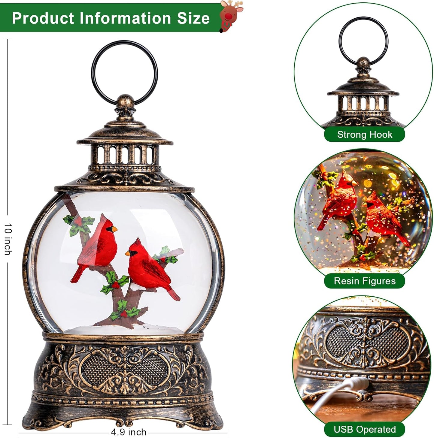 Cardinal Christmas Snow Globe Lantern Water Glittering Christmas Tree with Red Truck, USB Lined and Battery Operated Lighted Lantern for Christmas Festival Decoration Gifts