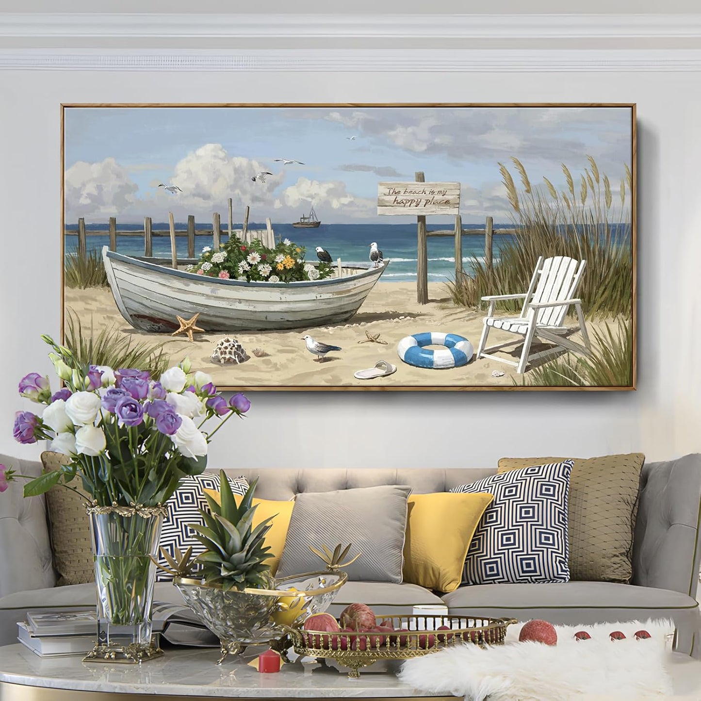 amatop Giant Framed Beach Wall Art Large Nautical Seaside Canvas Print Flower Boat Ocean Horizontal Landscape Picture Sea Birds Artwork for Coastal Farmhouse Living Room Bedroom Office Decor 58×29 Inch