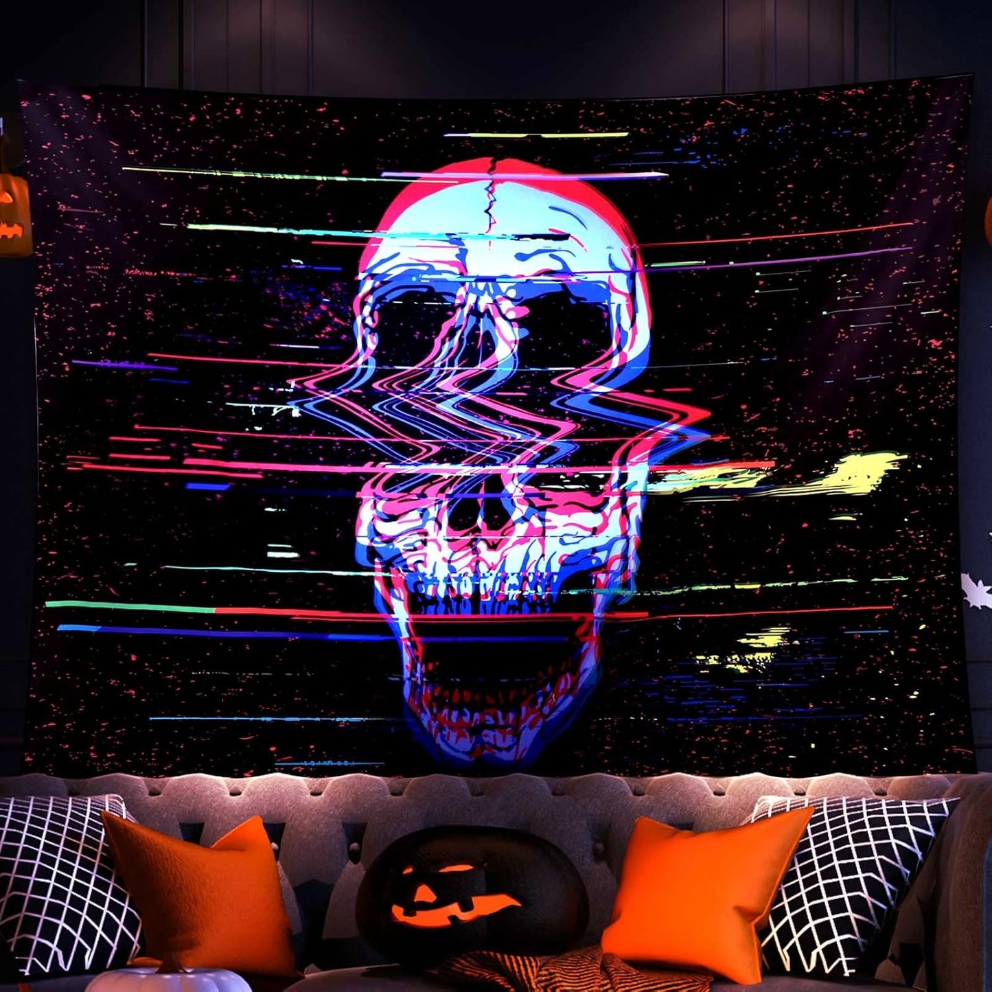 ADDWel Blacklight Skull Tapestry, Black Psychedelic Tapestry Glow In The Dark, UV Reactive Black Light Tapestries Posters Wall Hanging for Bedroom Living Room Dorm Party Backdrop Decor(60 * 80inches)