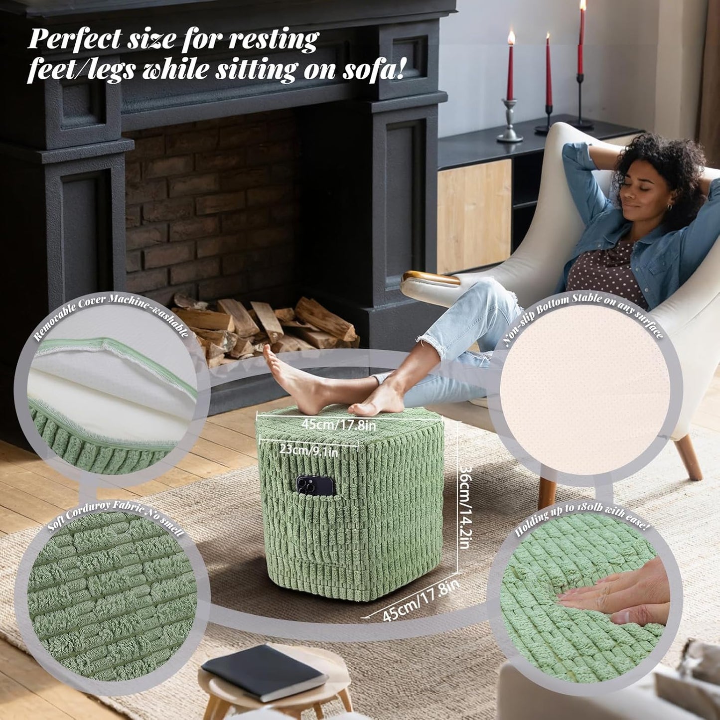 Hexagon Pouf Ottoman Stuffed with 2 Pockets & Handle, Comfort Corduroy Poufs, Non-Slip Foot Stool Storage Ottoman, Foam Floor Poufs Foot Rest for Couch, Bedroom (Green)