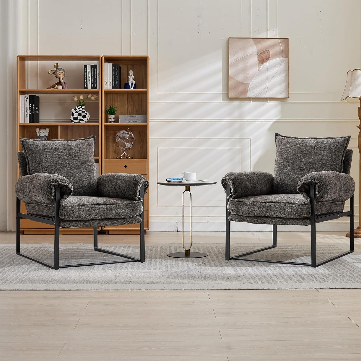 YISHENG Accent Chair with 6-Angle Adjustable Backrest, Chenille Fabric Living Room Chair Upholstered Lounge Chair, Modern Chair Cozy Reclining Chair for Reading Room, Set of 2 Gray