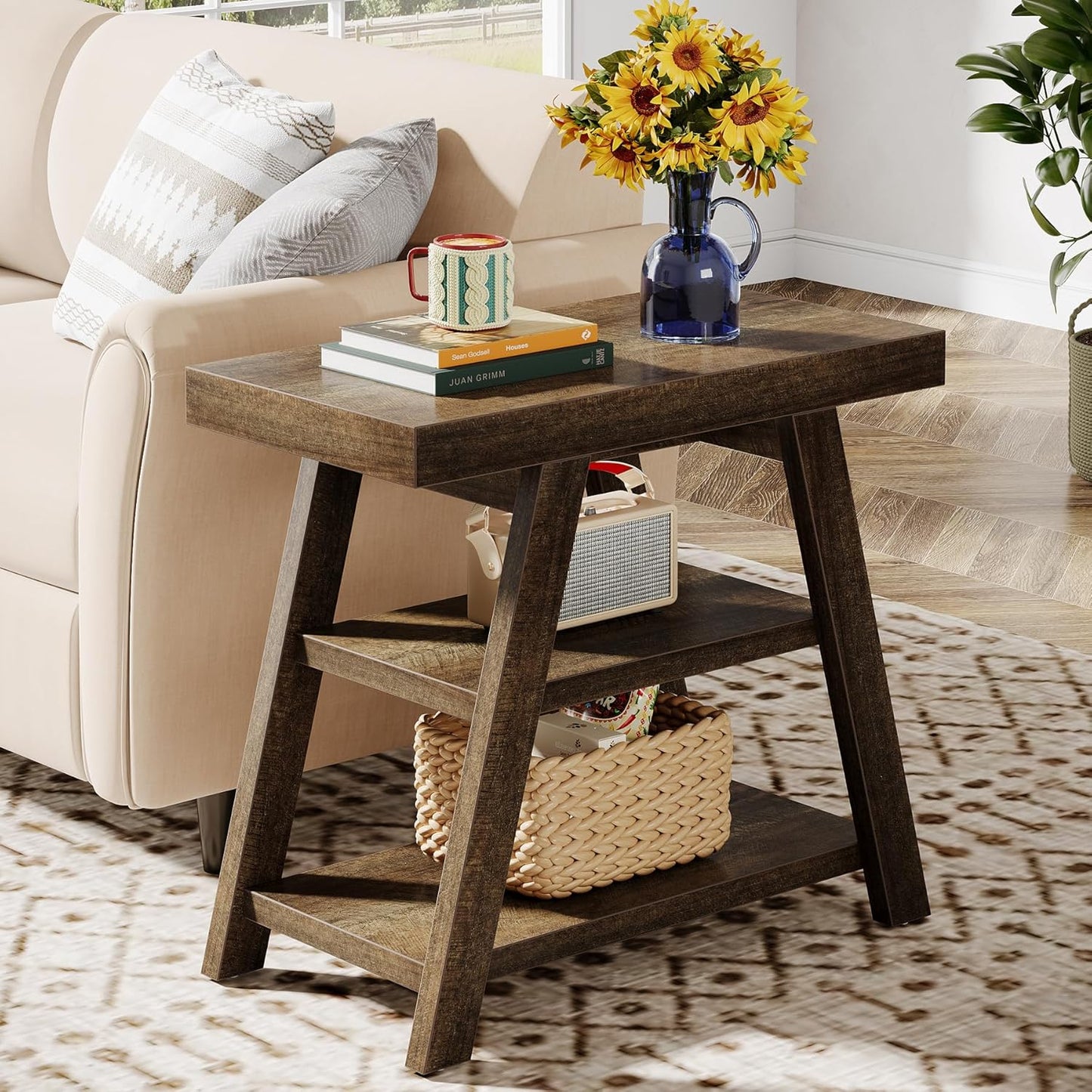Tribesigns Small Wood End Table, 3-Tier Farmhouse Narrow Couch Side Table with Storage, Vintage Sofa Side Table for Living Room, Heavy-Duty Wooden Bedside Table for Bedroom, Small Spaces, Rustic Brown