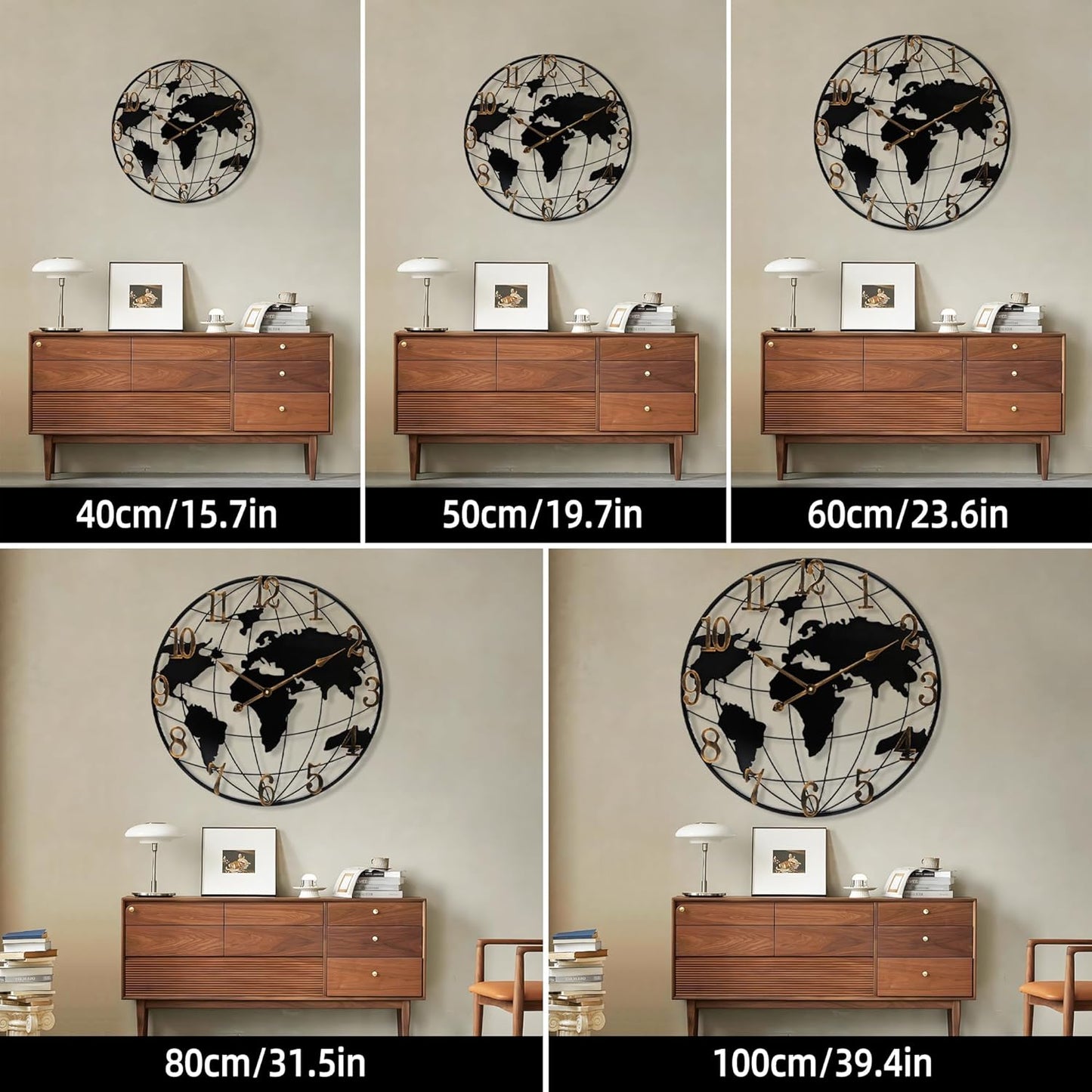 Large Wall Clock - 20 Inch World Map Minimalist Modern Round Metal Wall Clock Silent Non-Ticking Battery Operated Wall Clocks for Living Room Kitchen Office Farmhouse Home Decor