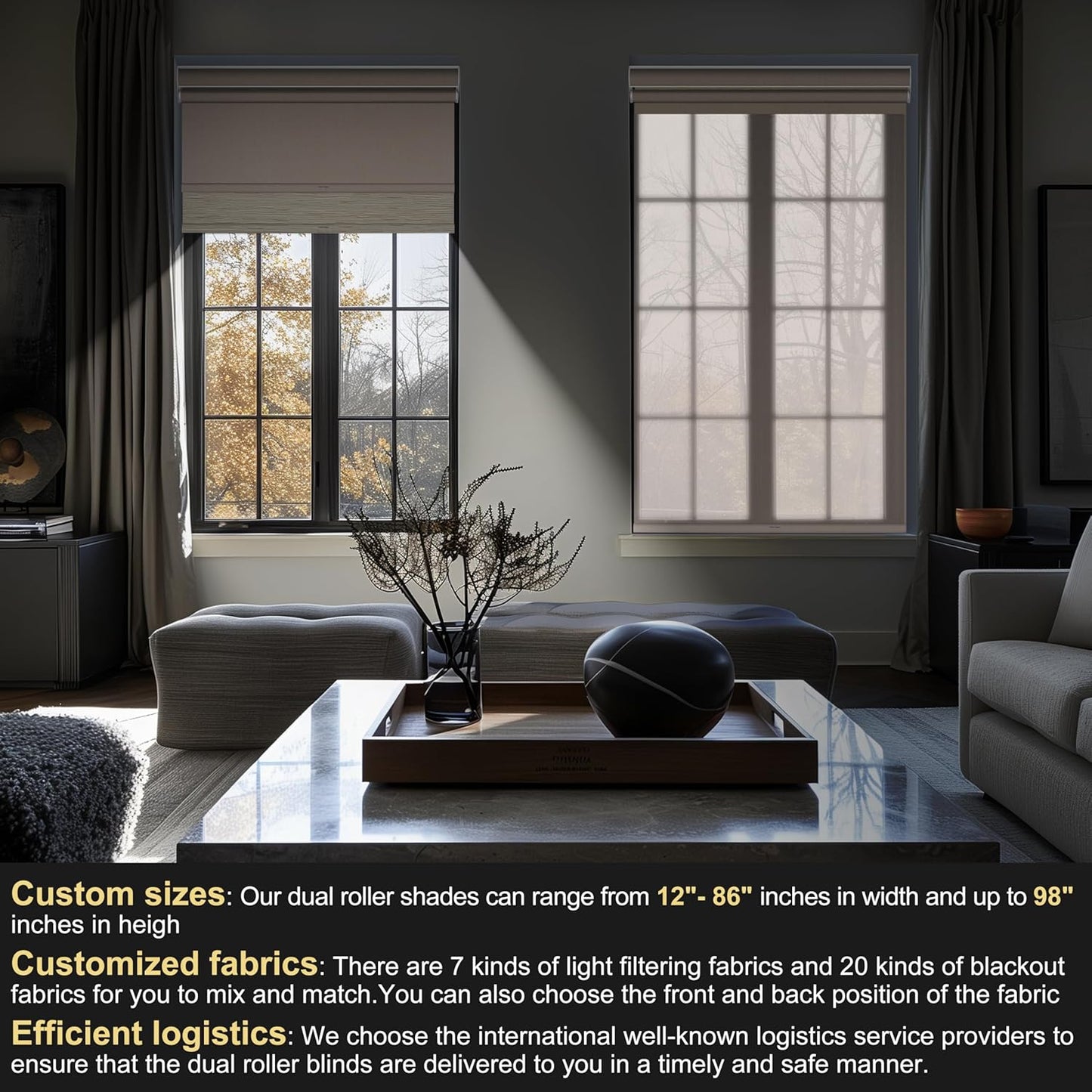 BERISSA Cordless Dual Roller Shades with Cassette Valance and 5% Light Filtering, Day and Night Shades for Home Office. Beige, Custom Sizes