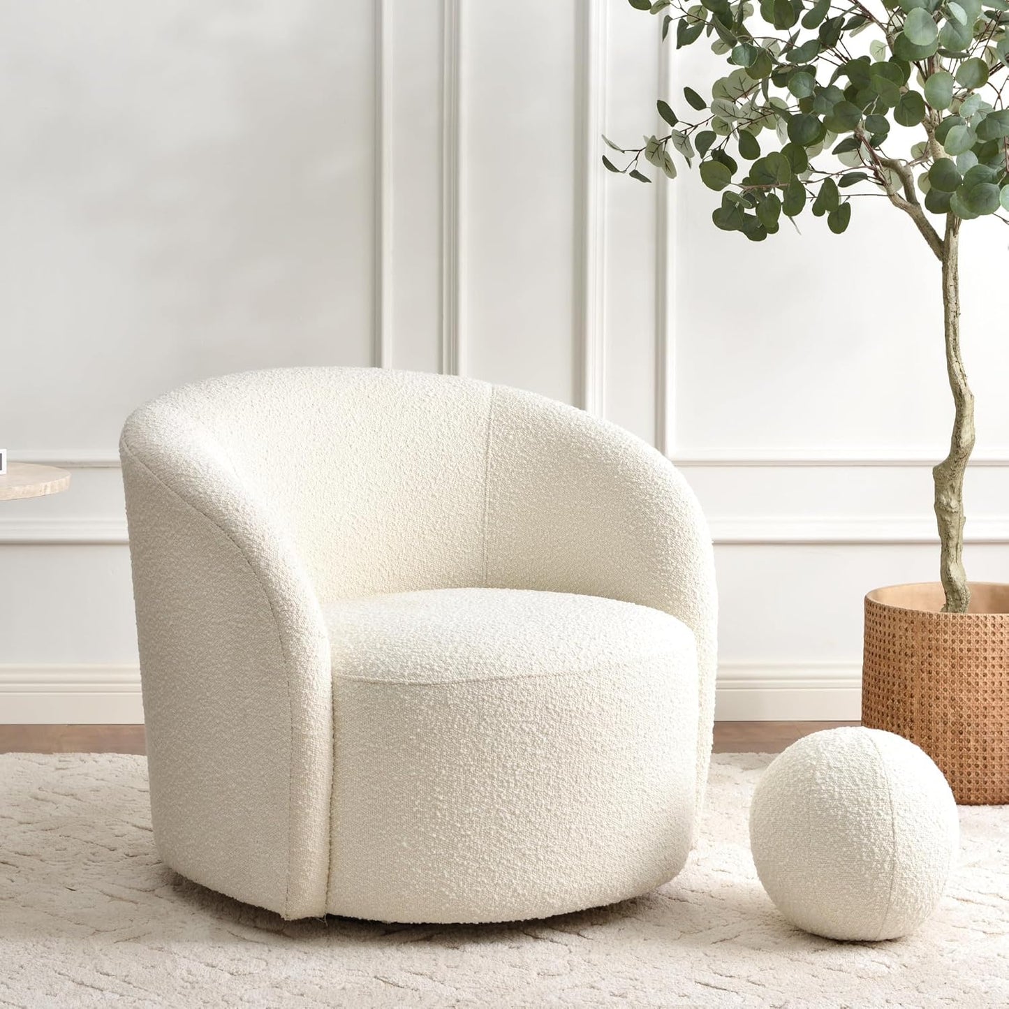 KINWELL Sherpa Swivel Barrel Chair & Round Ball Pillow Set - 34" Wide Modern Boucle Accent Chair with 9” Matching Nordic Decorative Throw Pillow for Living Room and Bedroom(Cream)