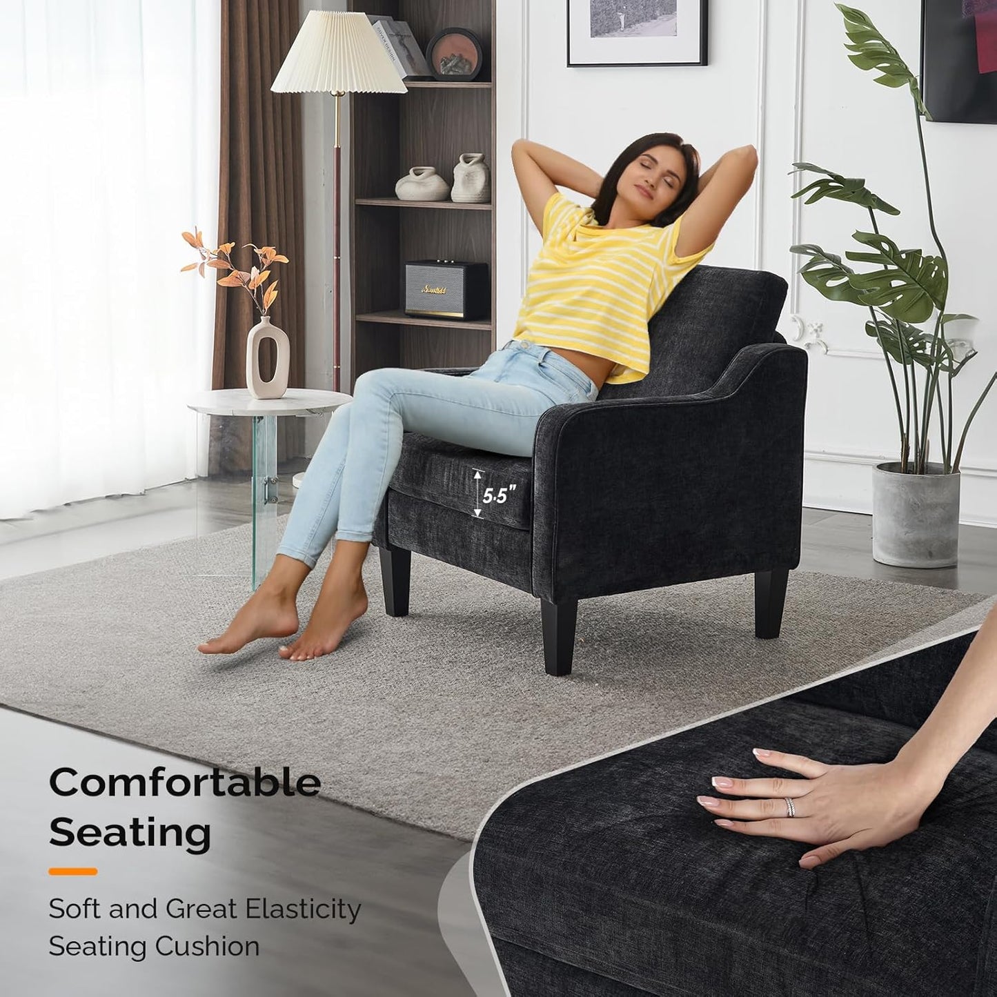 VINGLI Living Room Chairs Set of 2, Black Accent Chair 5.5" Thick Seat Cushion Comfy Chair Soft Chenille Side Chair Upholstered Arm Chair for Bedroom, Play Room, Apartment, Office (Black)