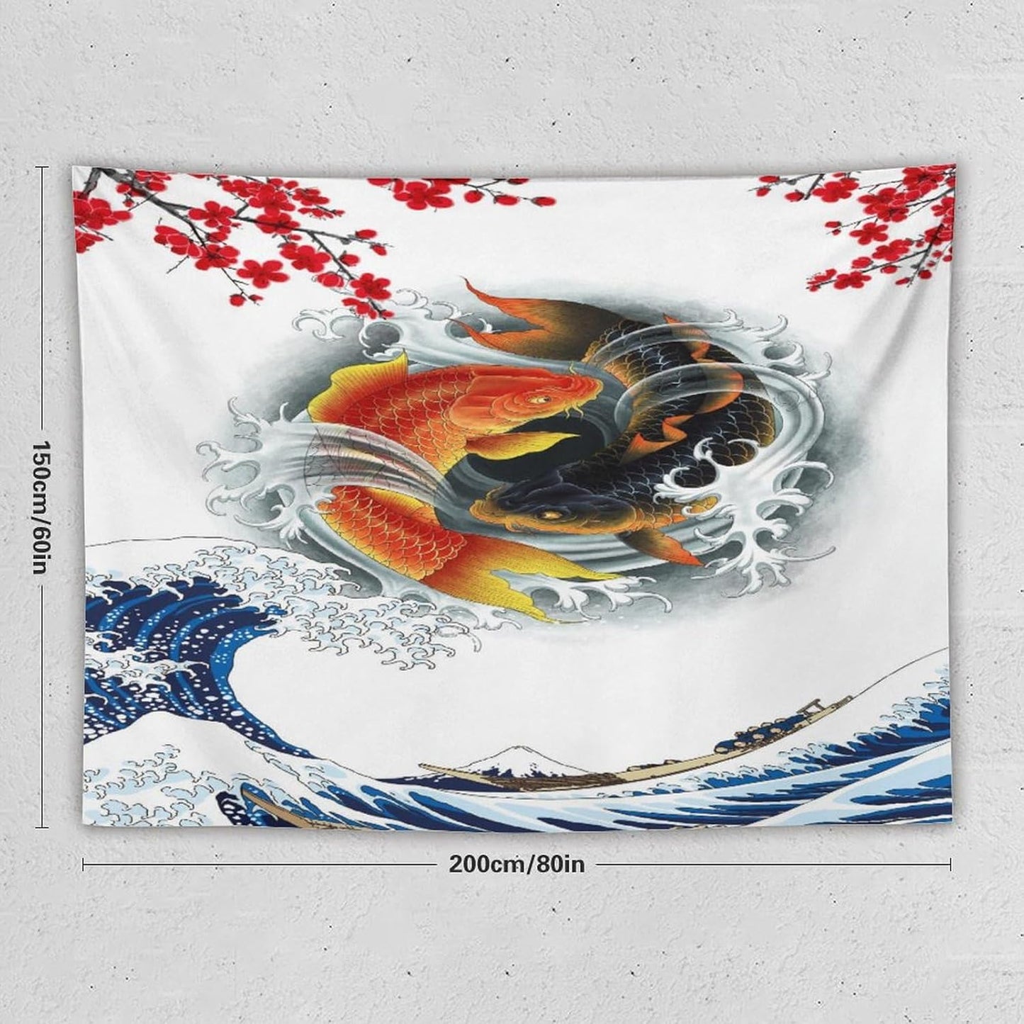 Houselerax Koi Fish Tapestry, Japanese Style Yin Yang Big Wave Cherry Blossoms Tapestries Wall Hanging for Bedroom Living Room Office Decor 80"x60"