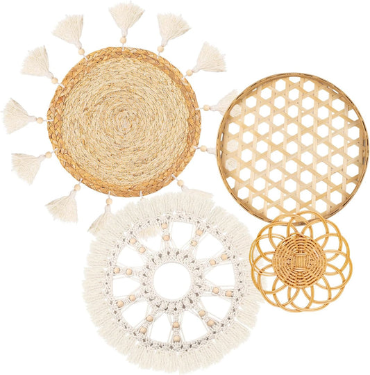Boho Wall Basket Decor Set of 4 - Flat Woven Basket Wall Hanging Decor,Round Tassels White Macrame Tapestry Wall Decor Art,Handmade Rattan Wicker Seagrass Home Wall Baskets Decor(Wooden Beads Style)