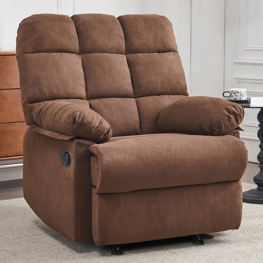 Rocker Recliner Chair, Overstuffed Manual Rocking Recliner for Adults, Upholstered Comfy Soft Fabric Living Room Reclining Sofa Chair (Brown Fabric)