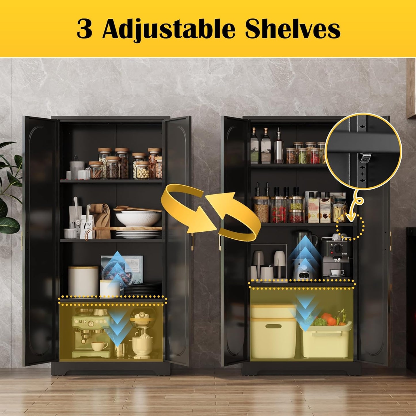 Metal Kitchen Storage Cabinets,60”Pantry Cabinet with Doors and 4 Adjustable Shelves,Tall Black Cabinet for Pantry, Laundry Room,Living Room,Dinning Room