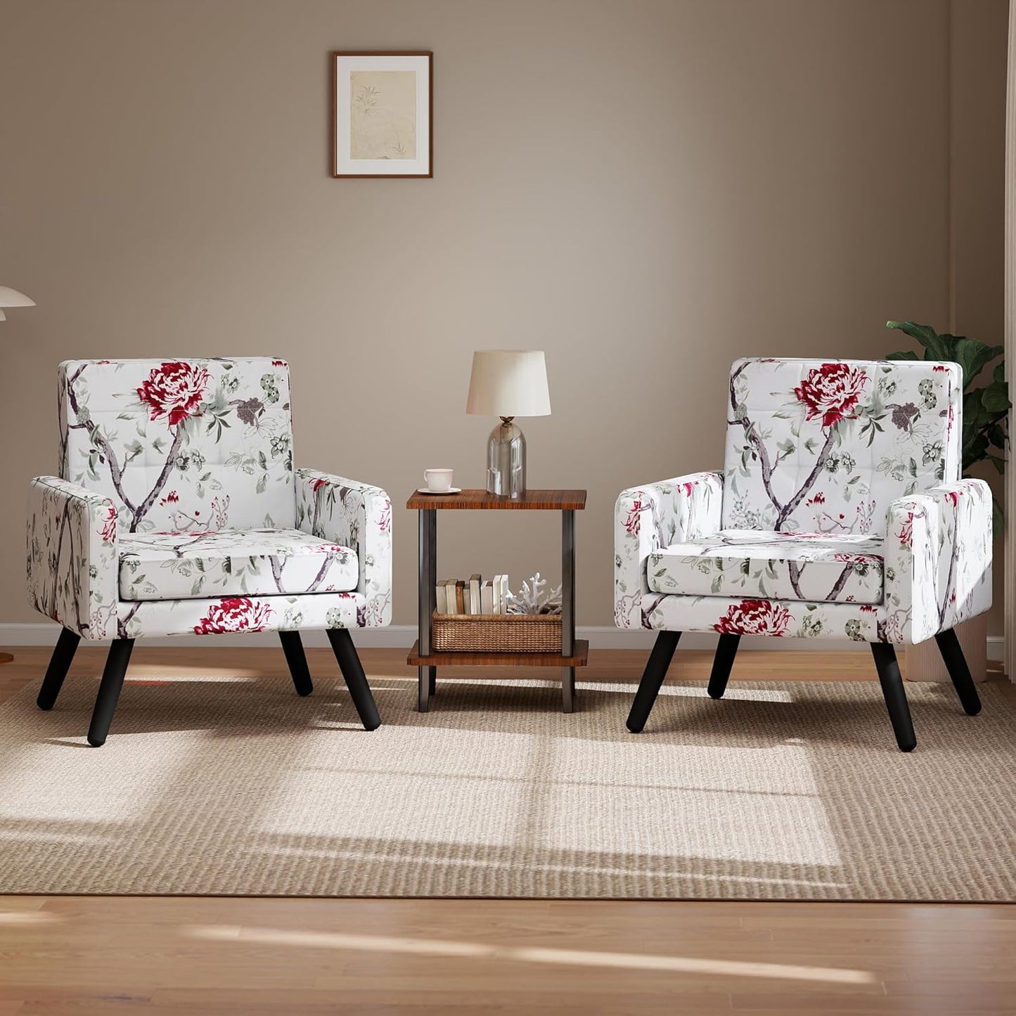 Kromax Mid-Century Modern Accent Chair Set of 2 for Living Room, 496 Lb. Weight Capacity, Dual Armrests, Comfy Extra Large Seat, Timeless Style Perfect for Reading & Relaxing, Red Floral