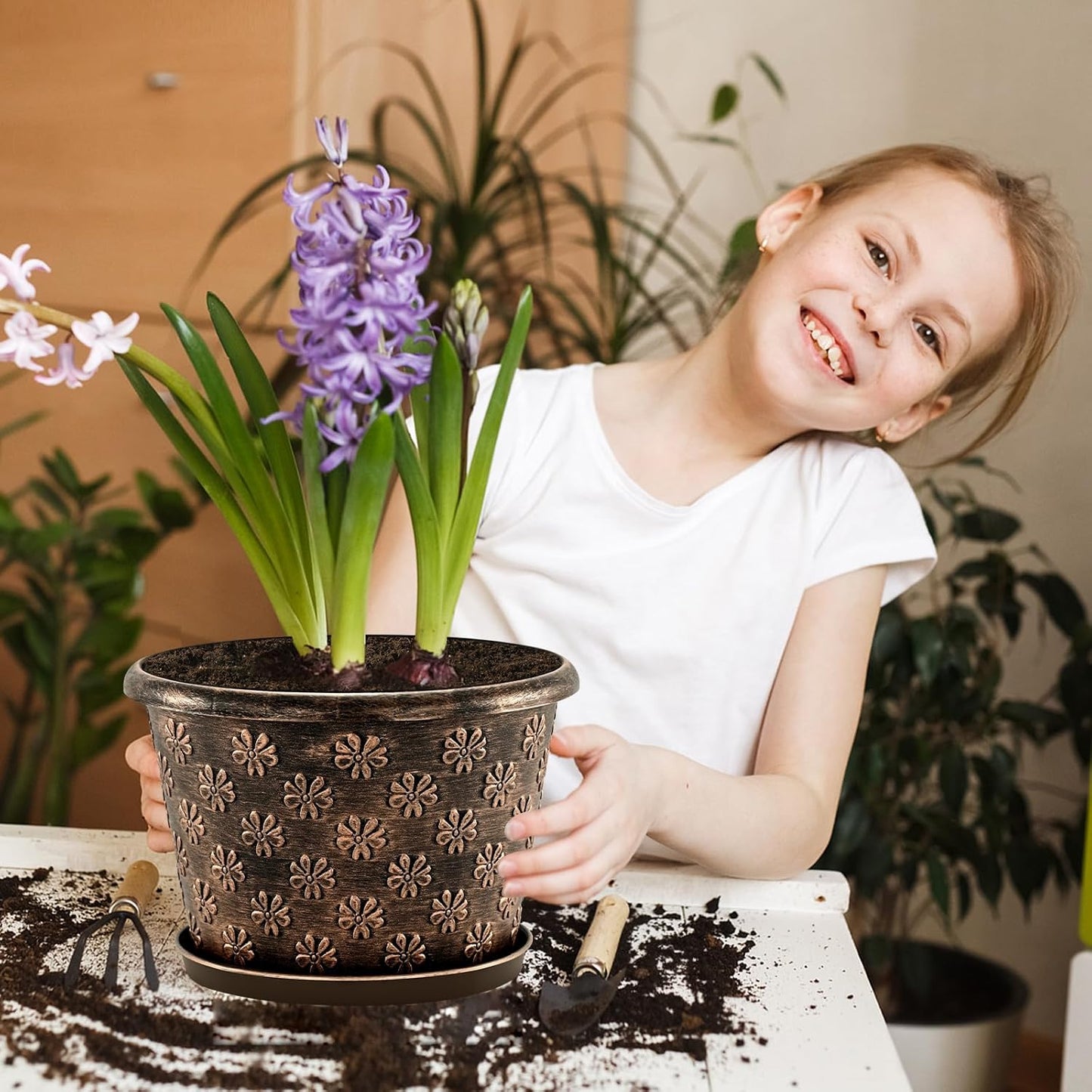 10 Inch Planter Pots for Plants, 4 Pack Plastic Large Flower Pots Indoor Outdoor, Resin Plant Pot with Drainage & Saucer, Retro Decorative Garden Pot with Removable Trays for House