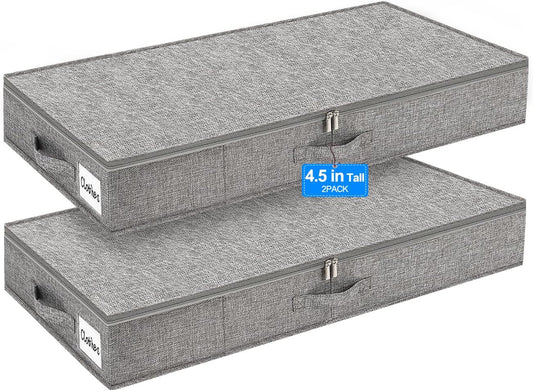 punemi Under Bed Storage Containers, 2 Pack 4.5 Inch Tall Low Profile Underbed Clothes Storage Organizer Bin with Sturdy Side & Bottom Support, Use as Clothes Organizer, Pillow and Blanket Organizer