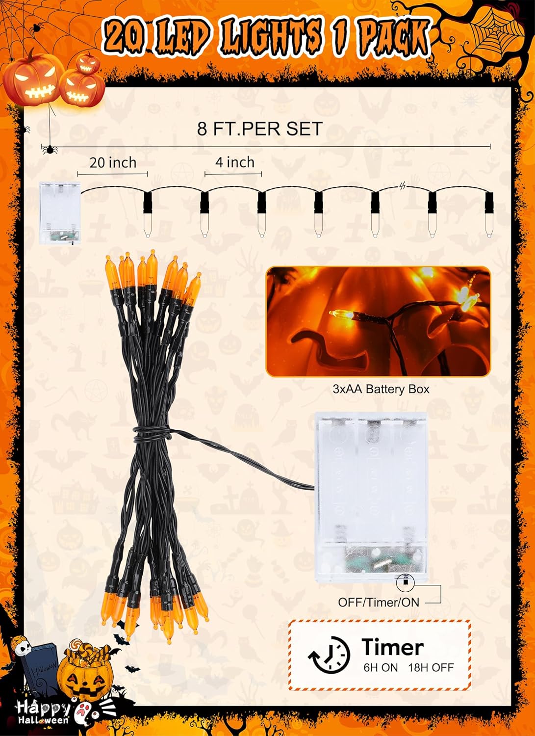 Battery Operated Halloween Indoor String Lights, 8 ft 20 LED Orange Mini Cluster Tree Lights with Timer, Indoor Outdoor Patio Garland Window Decor for Party Christmas Halloween Decorations