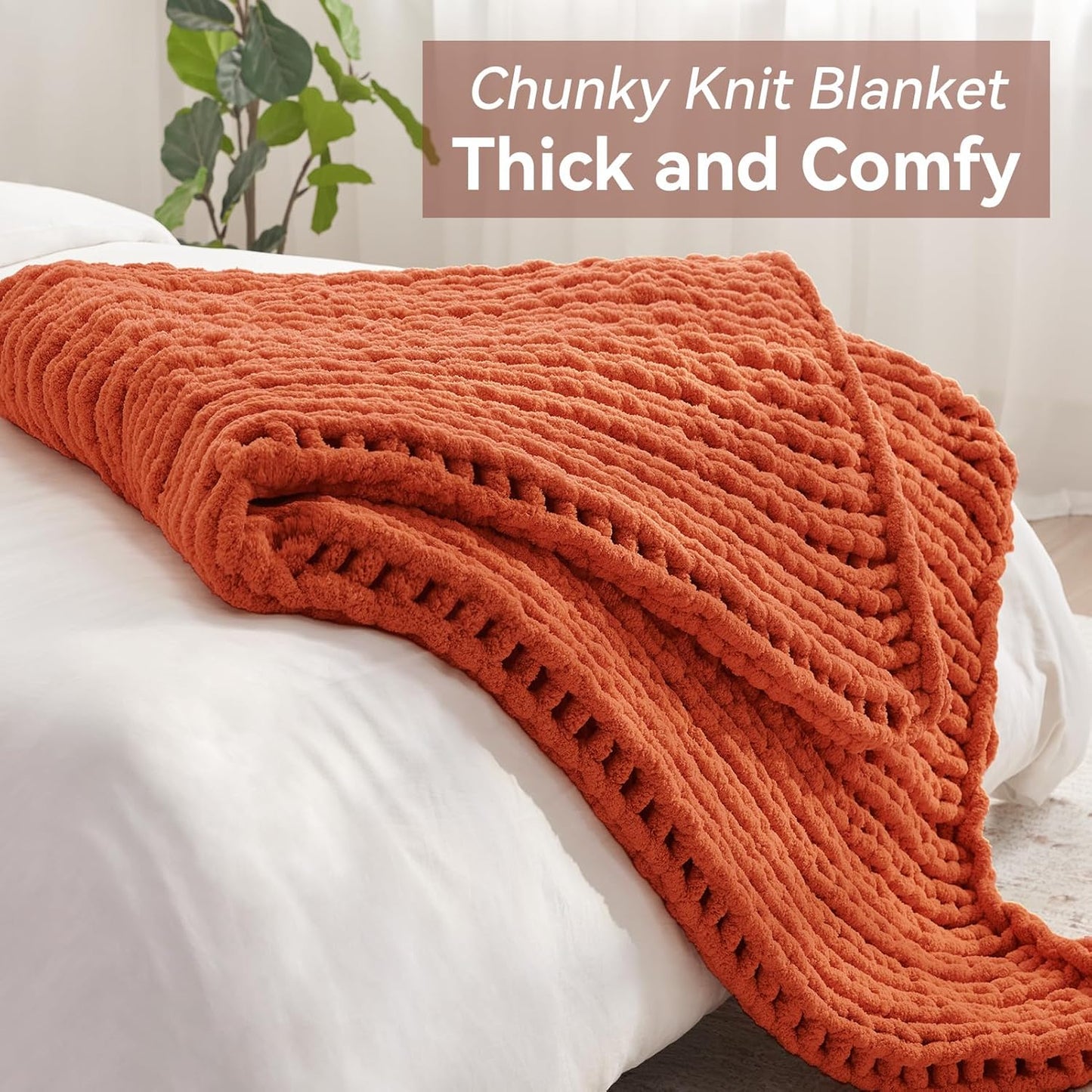 Chunky Knit Throw Blanket, 50''*60'' Fall Throw Blanket Knitted Chenille Yarn for Bed Couch, Handmade Orange Crochet Big Thick Blanket, Machine Washable Cute Comfy Blankets for Home Decor