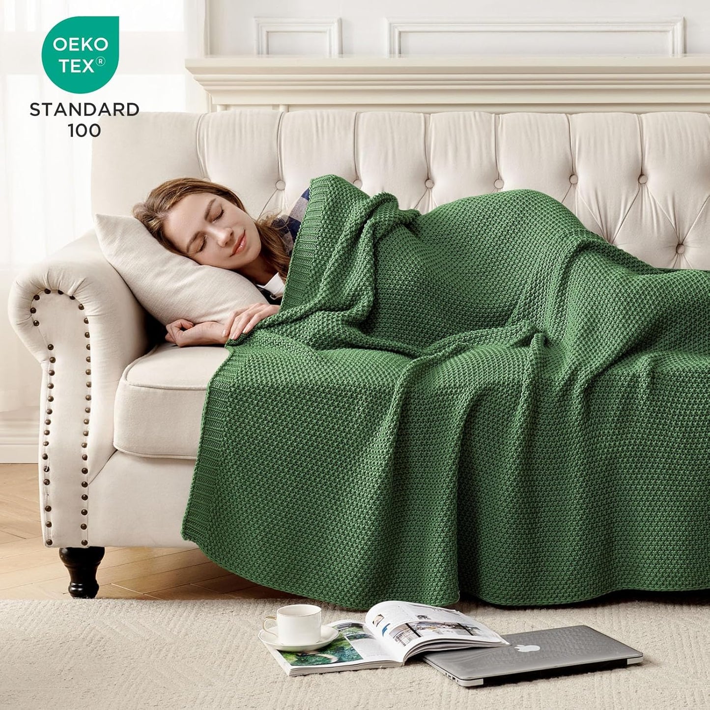 Joydeco Chunky Cable Knit Throw Blanket, Lightweight 100% Cotton Soft Cozy Throw Twin Blanket for Couch Bed and Sofa, Rustic Breathable Farmhouse Blanket Gift for Women Men(Olive Green, 60"x80")