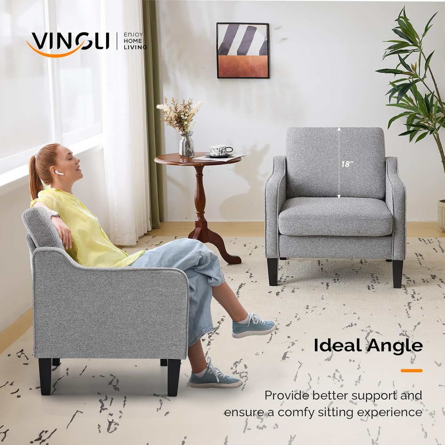 VINGLI Accent Chairs for Living Room Mid Century Modern Chair Sofa Chair Upholstered Arm Chair with Scooped Arms for Bedroom, Apartment, Office, Studio, Waiting Room, Play Room