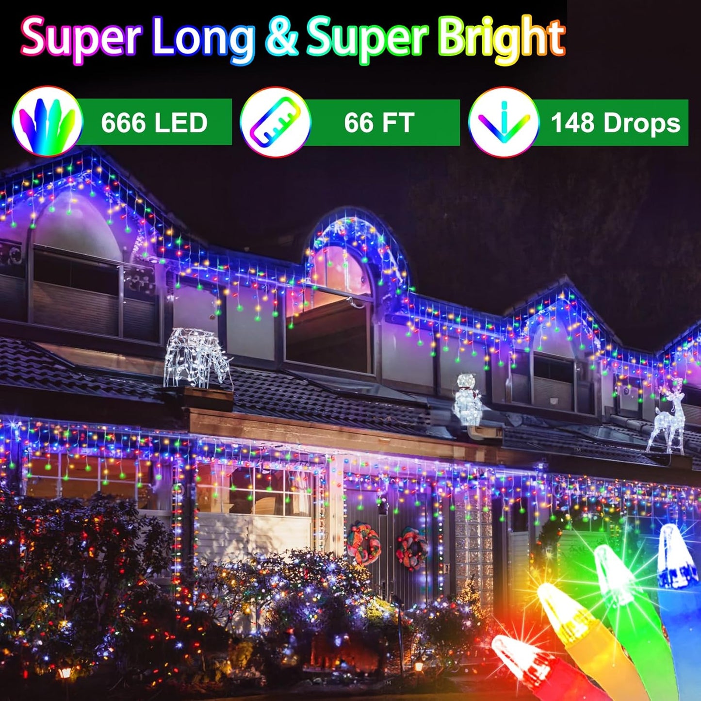 66FT 666 LED Outdoor Christmas Lights - 148 Ice Drops, 12 Pro Modes with Timer Memory & Brightness, Waterproof Hanging Ice String Light for Holiday Wedding Garden Fence House Decor (Multicolor)